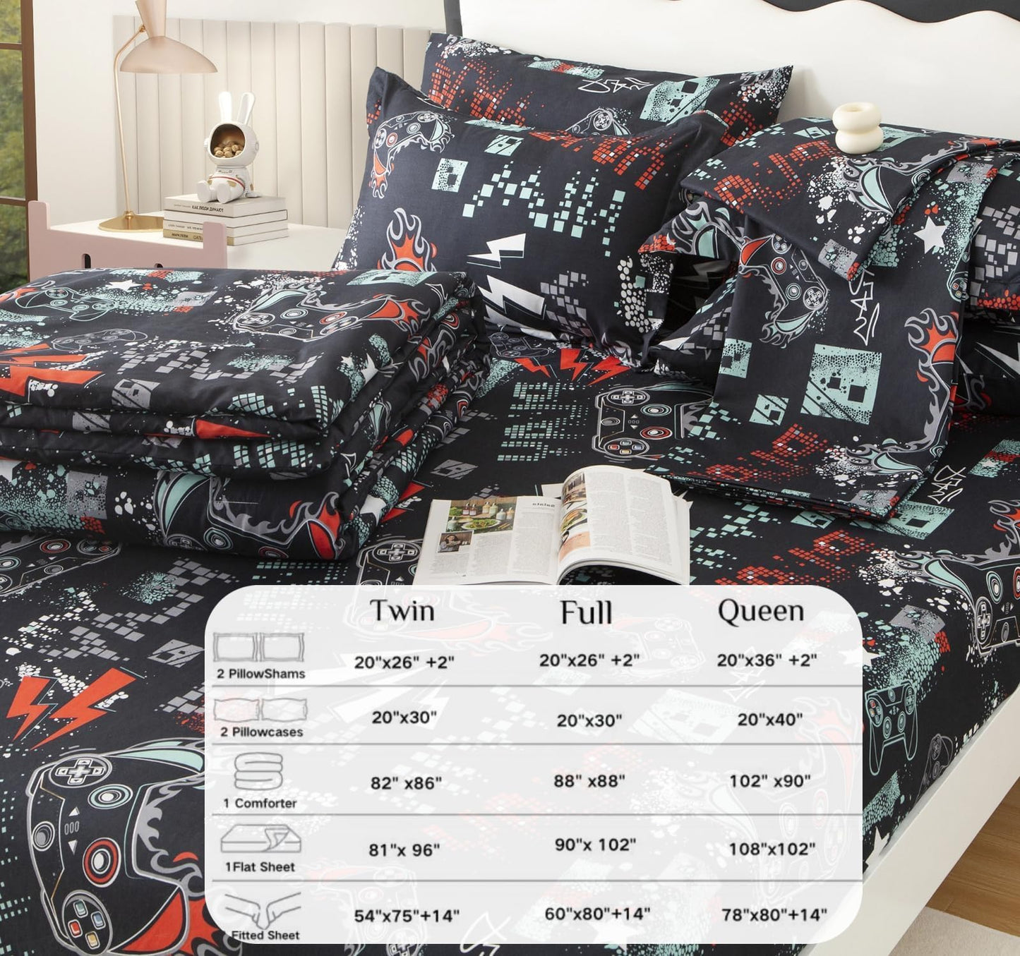 SDY 7PCS Twin Size Gaming Bedding Set - Soft Video Game Comforter Set for Boys, Girls & Kids, Gamer Themed Bed Set with Comforter, Sheets & Pillowcases