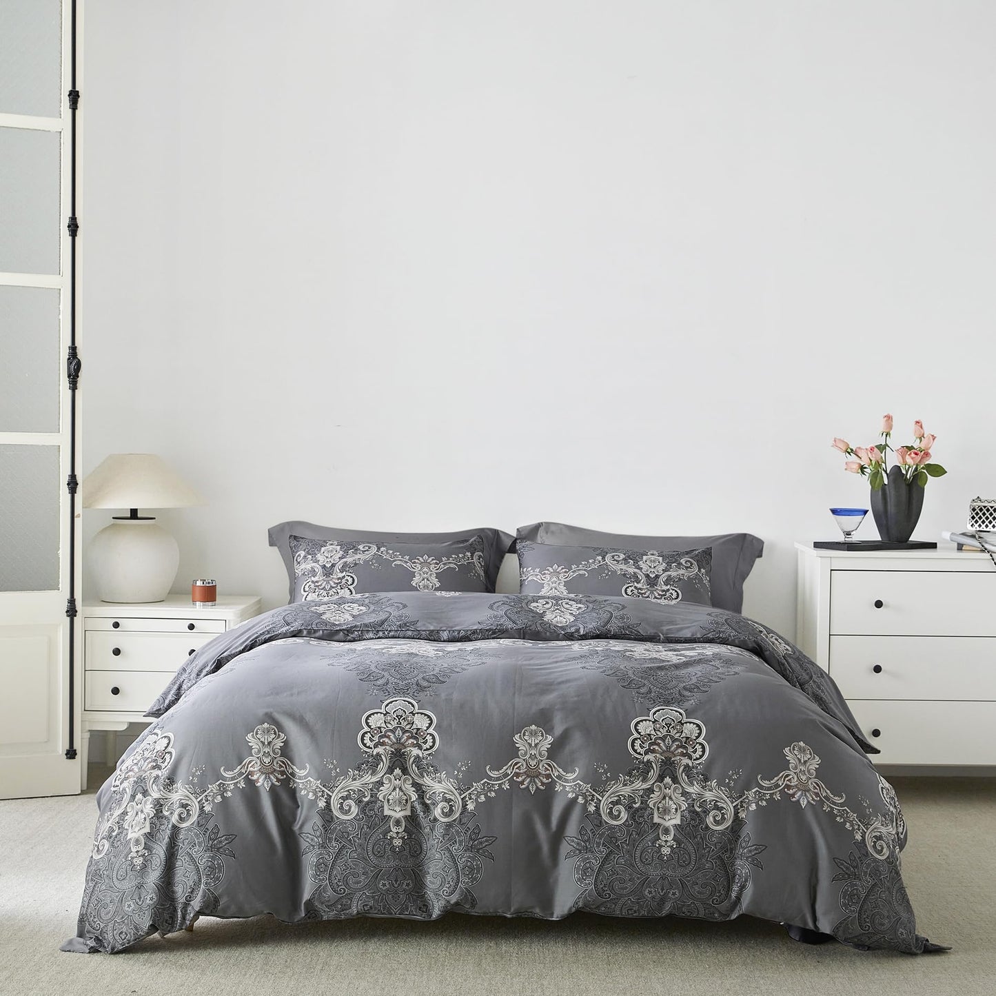 YuHeGuoJi Boho Paisley Duvet Cover King 100% Egyptian Cotton 3 Pcs Set 1 Southwestern Gray Damask Duvet Cover with Zipper Ties 2 Pillowcases Vintage William Morris Floral Bedding Set Soft