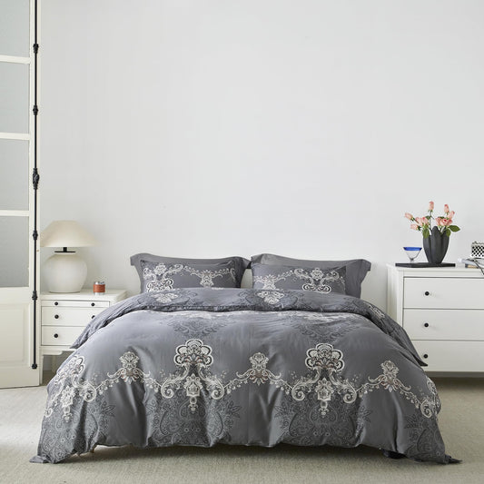YuHeGuoJi Boho Paisley Duvet Cover King 100% Egyptian Cotton 3 Pcs Set 1 Southwestern Gray Damask Duvet Cover with Zipper Ties 2 Pillowcases Vintage William Morris Floral Bedding Set Soft