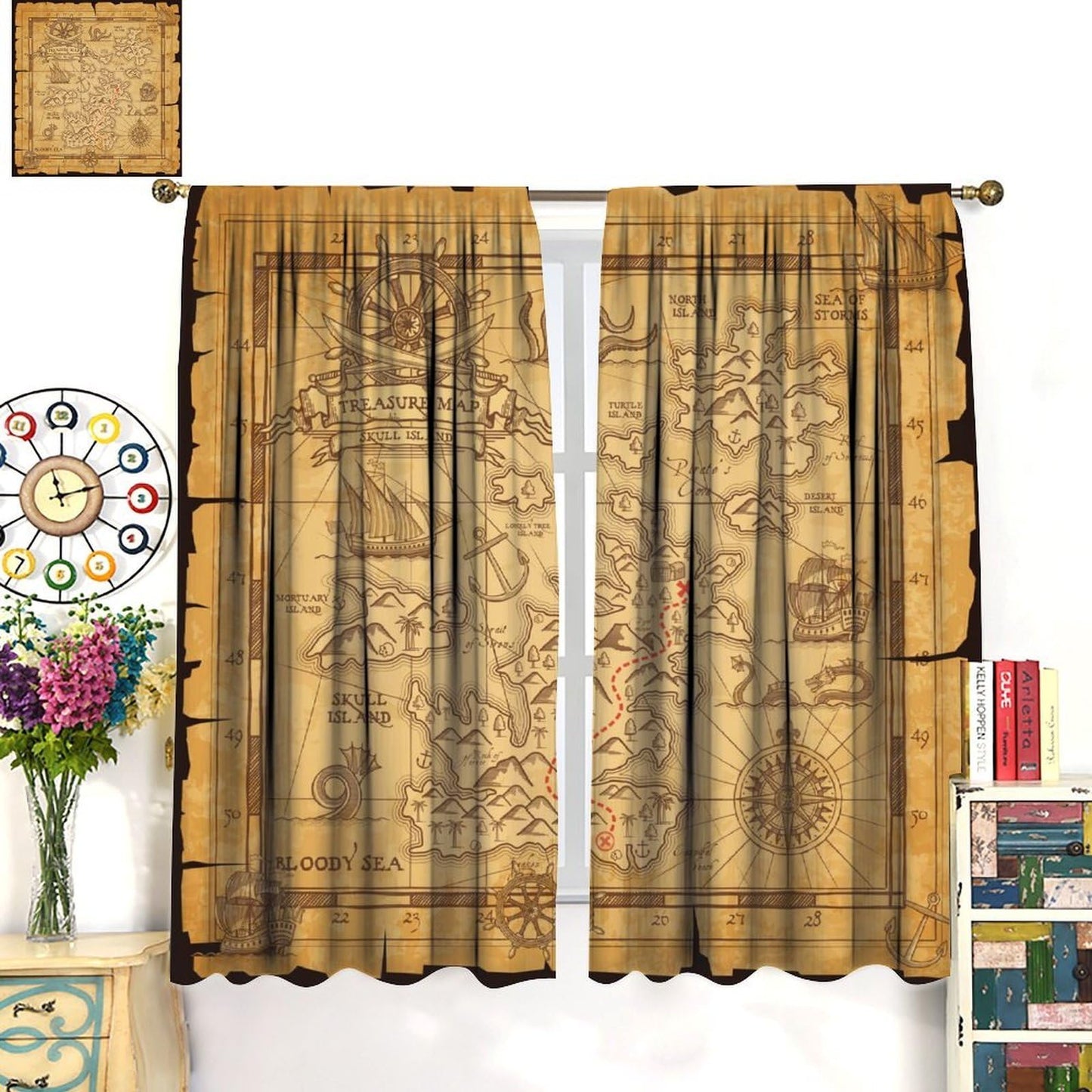 wlsgdsg Pirate Map Curtains for Boys Vintage Medieval Ocean Themed Old Nautical Treasure Compass Sailboat Map Pattern Window Treatments for Kids Teen Bedroom Living Room 42x44.5In（No Blackout）