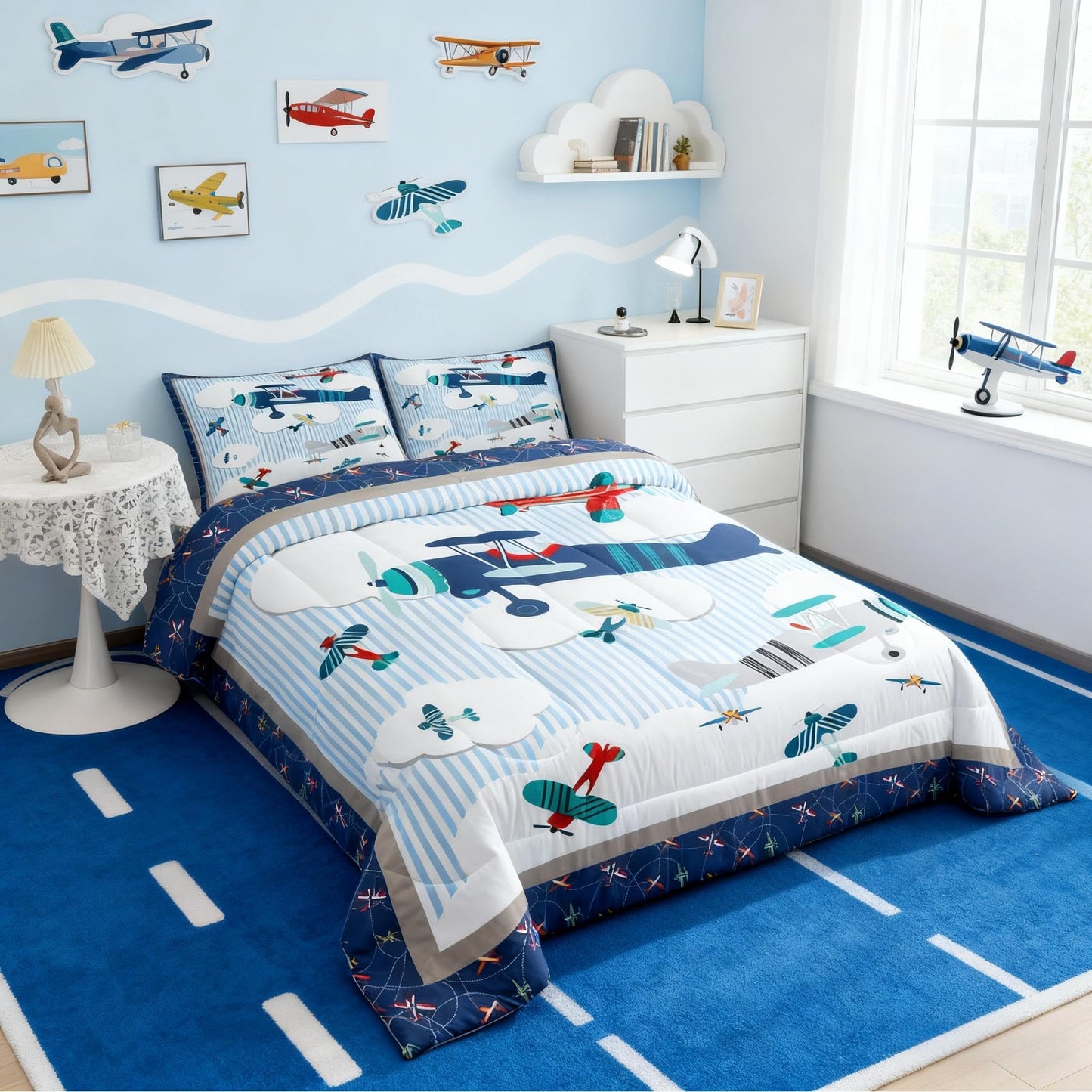 Castle Fairy Kids Airplane Full Size Comforter Set Blue Sky and White Clouds Bedding Set for Kids Adults Teens Aviation Aircraft Comforter Luxury Modern Airplane Quilt Set Room Decor 3Pcs