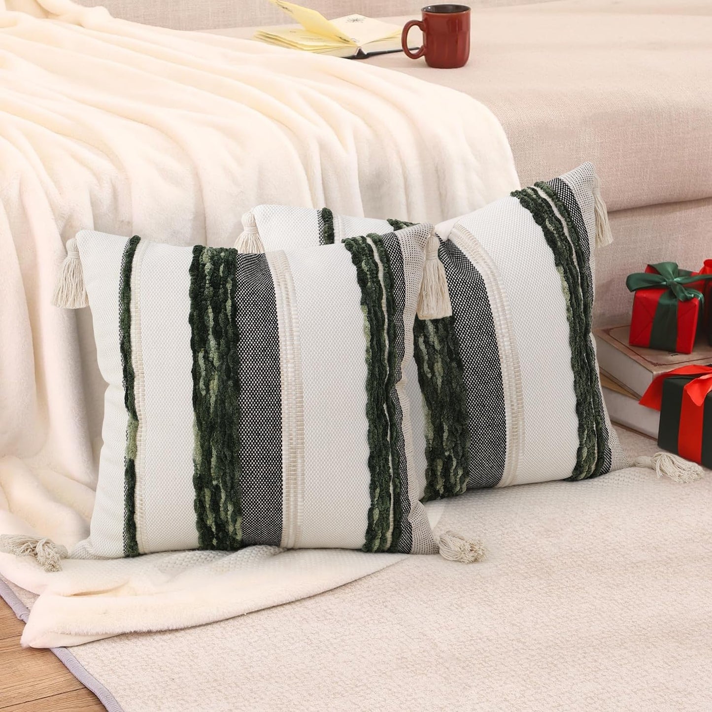 Simmore Boho Decorative Throw Pillow Covers 18x18 Set of 2, Tufted Farmhouse Pillow Covers with Tassels for Cozy Bohemian Couch Sofa Bedroom Home Decor, Green