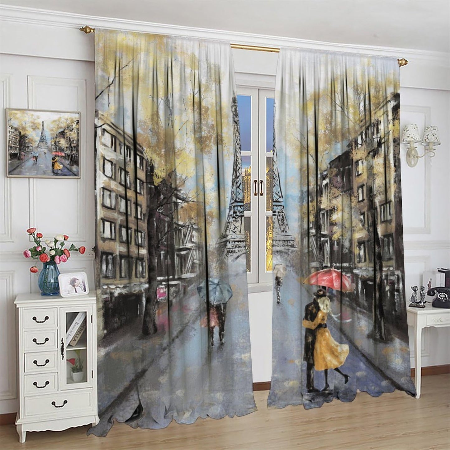 LOMADIA Eiffel Tower Curtain, Oil Painting Style, Yellow Paris Tower Couple Pattern Window Treatments 2 Panels Drapes for Bedroom Living Room Kitchen Decor 42x45in