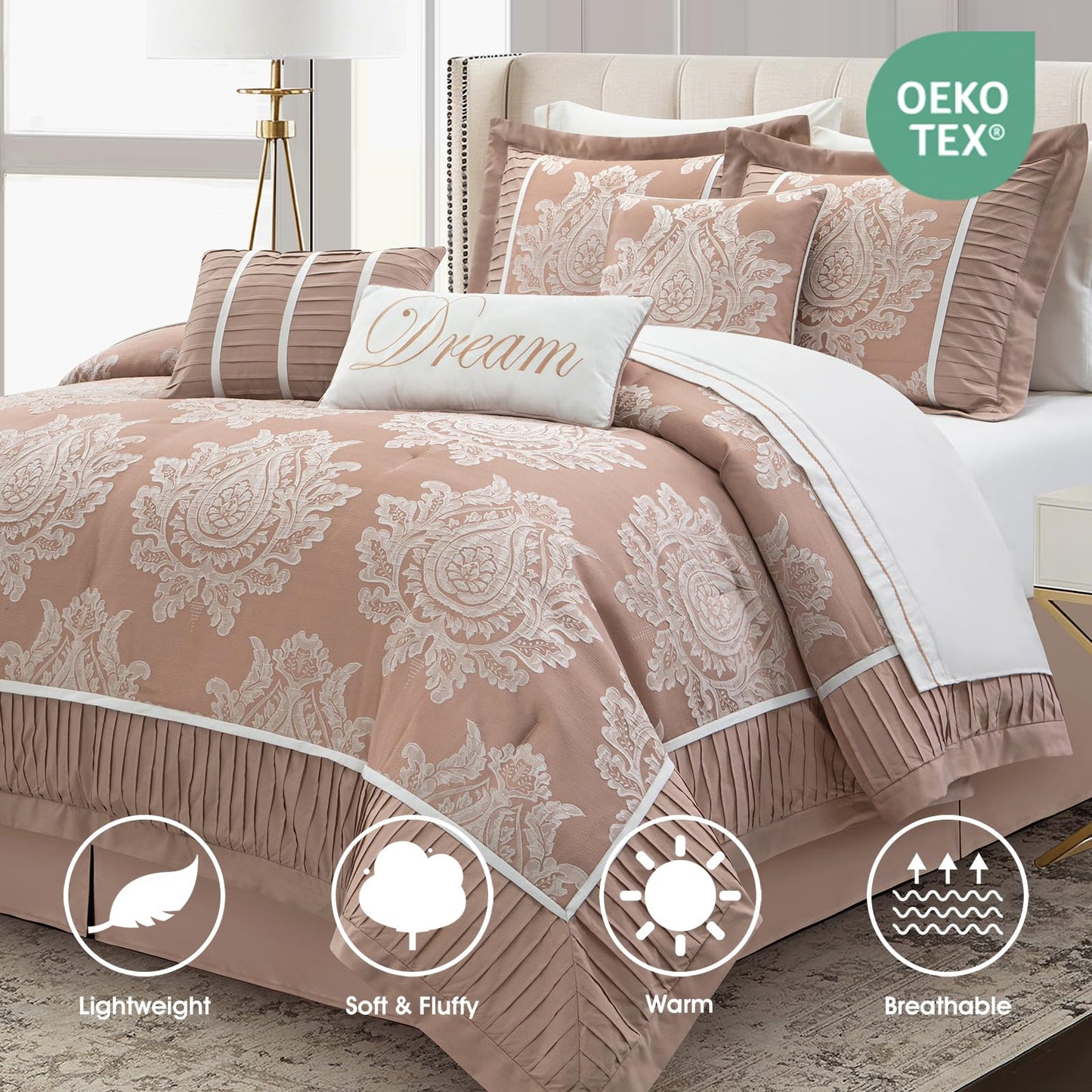 LANCO MODERN LIFESTYLE Blush King Size Comforter Set, 15 Pieces, Damask Jacquard Woven, Bedding Set with Sheets, Room in a Bag, Comforter, Bed Skirt, Pillow Shams and Decor Pillows, Curtains