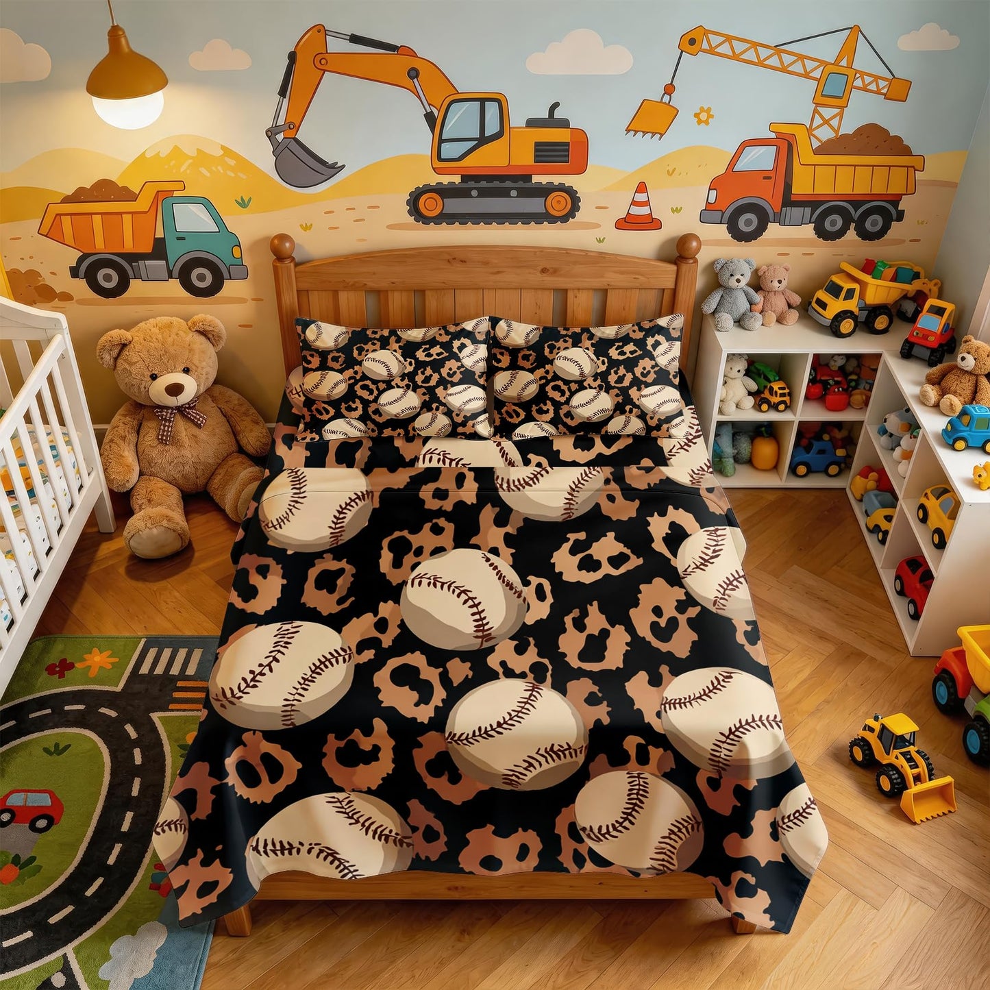 Baseball Queen Sheet Set 4 Pcs Boys Sports Bed Sheets, Black