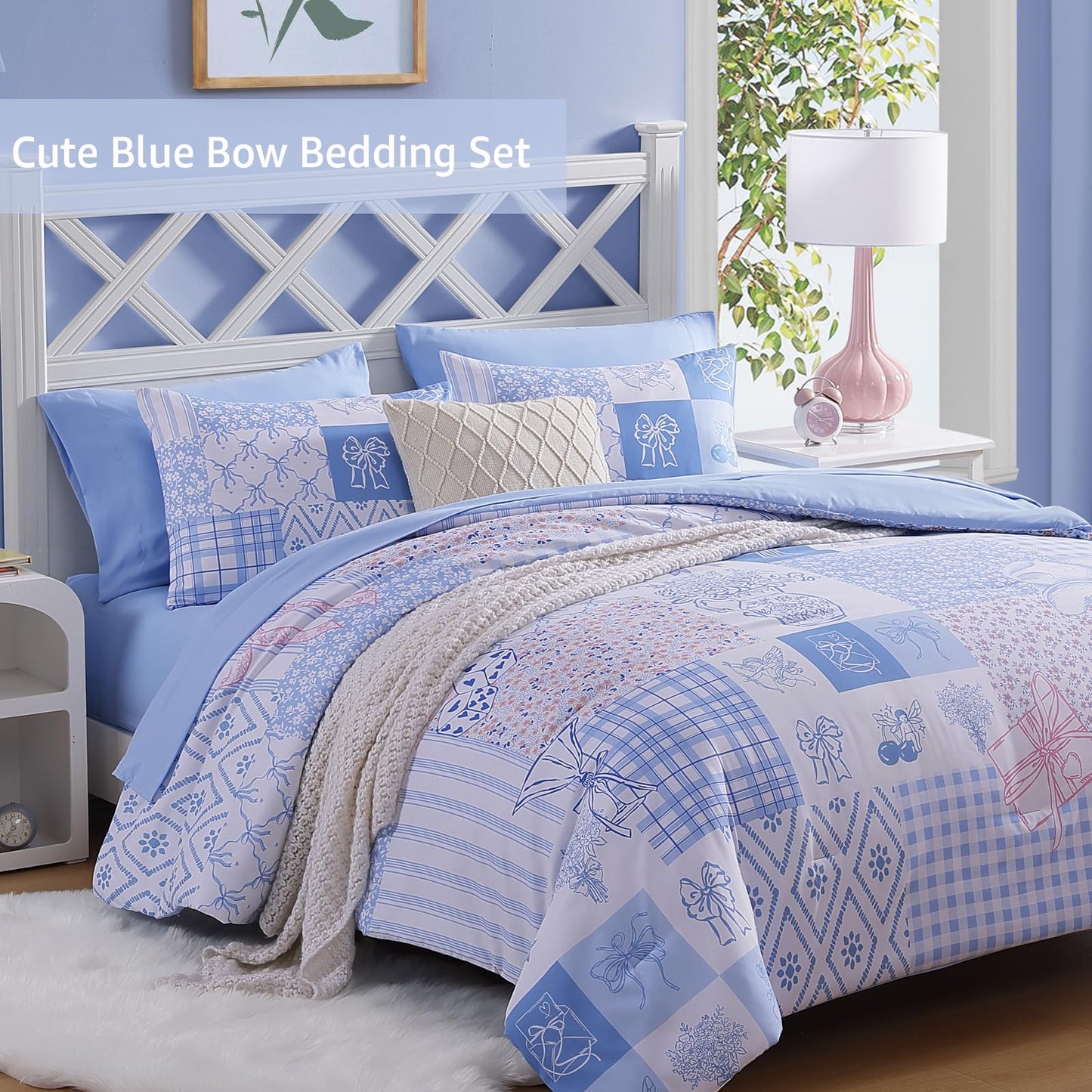 AMBERSPACE Twin XL Comforter Set for Girls, Cute Blue Bow Bedding 5 Pieces Kids Bed Set, All Season Dorm Bed in a Bag with Sheets, Pillowcase & Sham