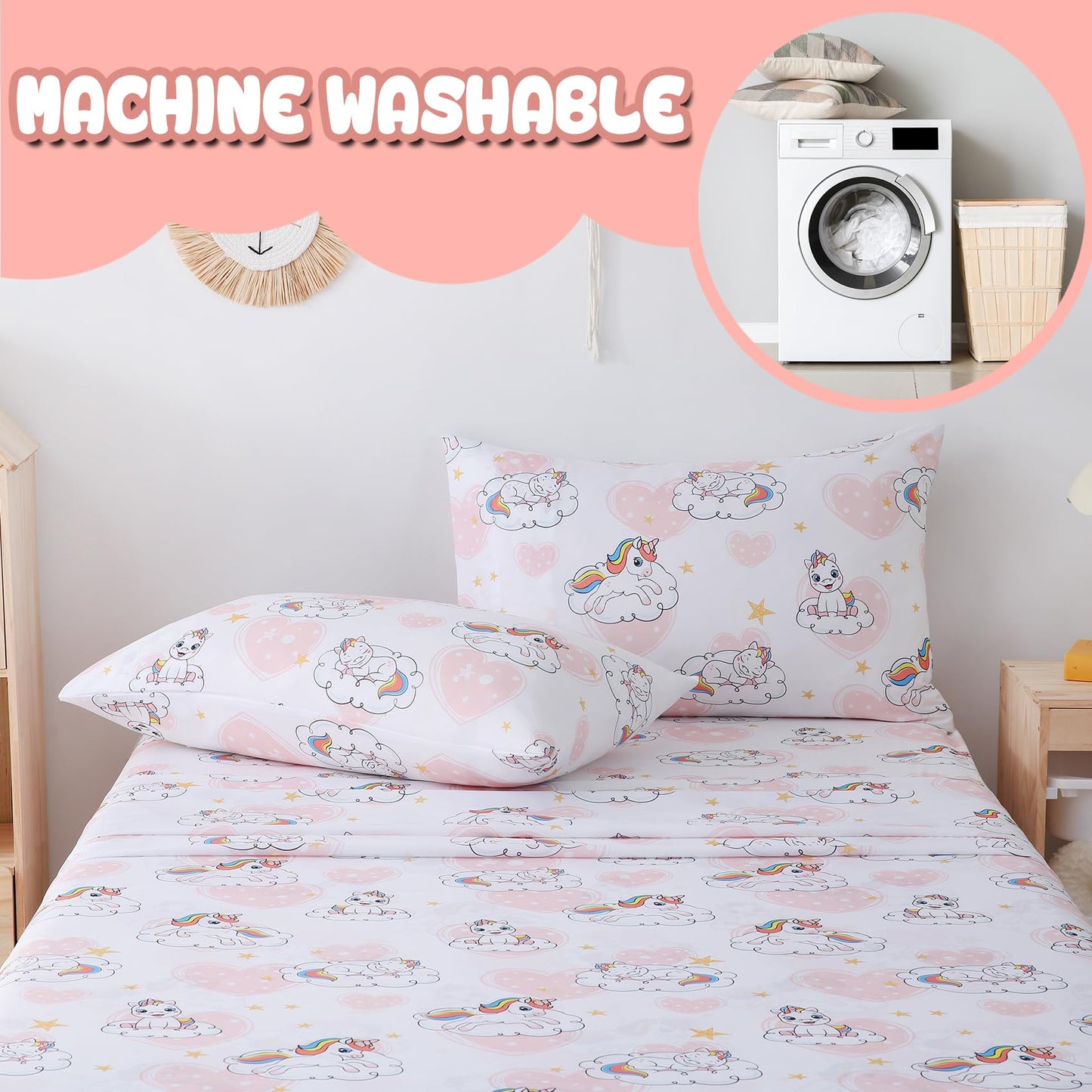 Yibeizi Full Size Sheets Set Kids, Unicorn Pattern Microfiber Double Bed Sheets, Cute Heart Soft Oeko-Tex Extra Deep Pocket Sheets & Pillowcases Cooling Hypoallergenic Wrinkle Free Bedsheets