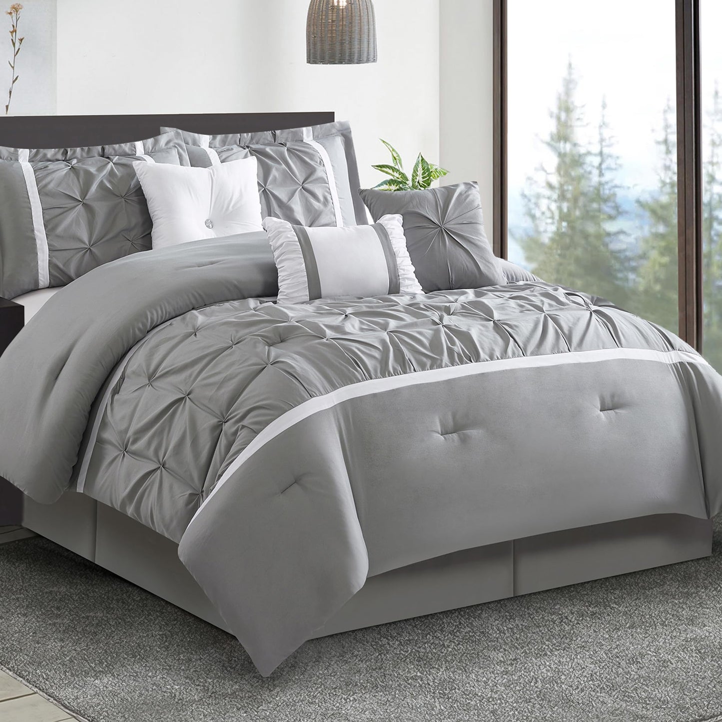 LANCO MODERN LIFESTYLE Grey Comforter Set, King, 7 Piece Bed in a Bag, Microfiber Handcrafted Pintucking, All Season Bedding Set with Comforter, Bedskirt, Pillow Shams and Decro Pillows