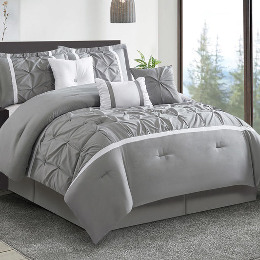 LANCO MODERN LIFESTYLE Grey Comforter Set, King, 7 Piece Bed in a Bag, Microfiber Handcrafted Pintucking, All Season Bedding Set with Comforter, Bedskirt, Pillow Shams and Decro Pillows