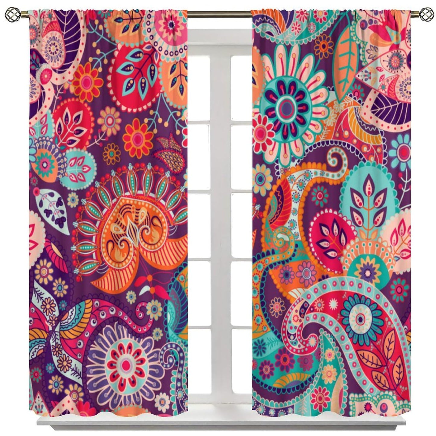 Djaby Boho Paisley Floral Curtains, Mandala Indian Bohemian Colorful Flowers Print Window Curtain for Bedroom Living Room Home 42" W X 45" L(No Blackout)