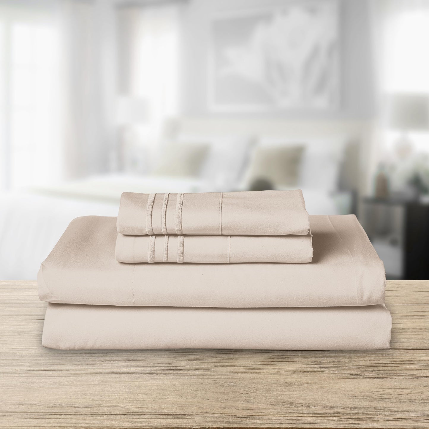 Elegant Comfort Luxurious 1500 Premium Hotel Quality Microfiber Three Line Embroidered Softest 4-Piece Bed Sheet Set, Wrinkle and Fade Resistant, King, Cream