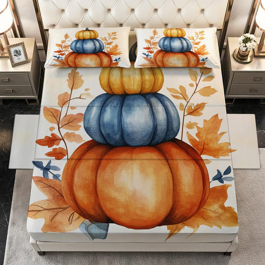 Zoainuos Pumpkin Gifts, Fall Pumpkin Maple Leaves Sheets Full Size Bed Sheet Set, Soft Microfiber Deep Pocket Wrinkle Free Bedding Sheets & Pillowcases, Thanksgiving Decor for Bedroom