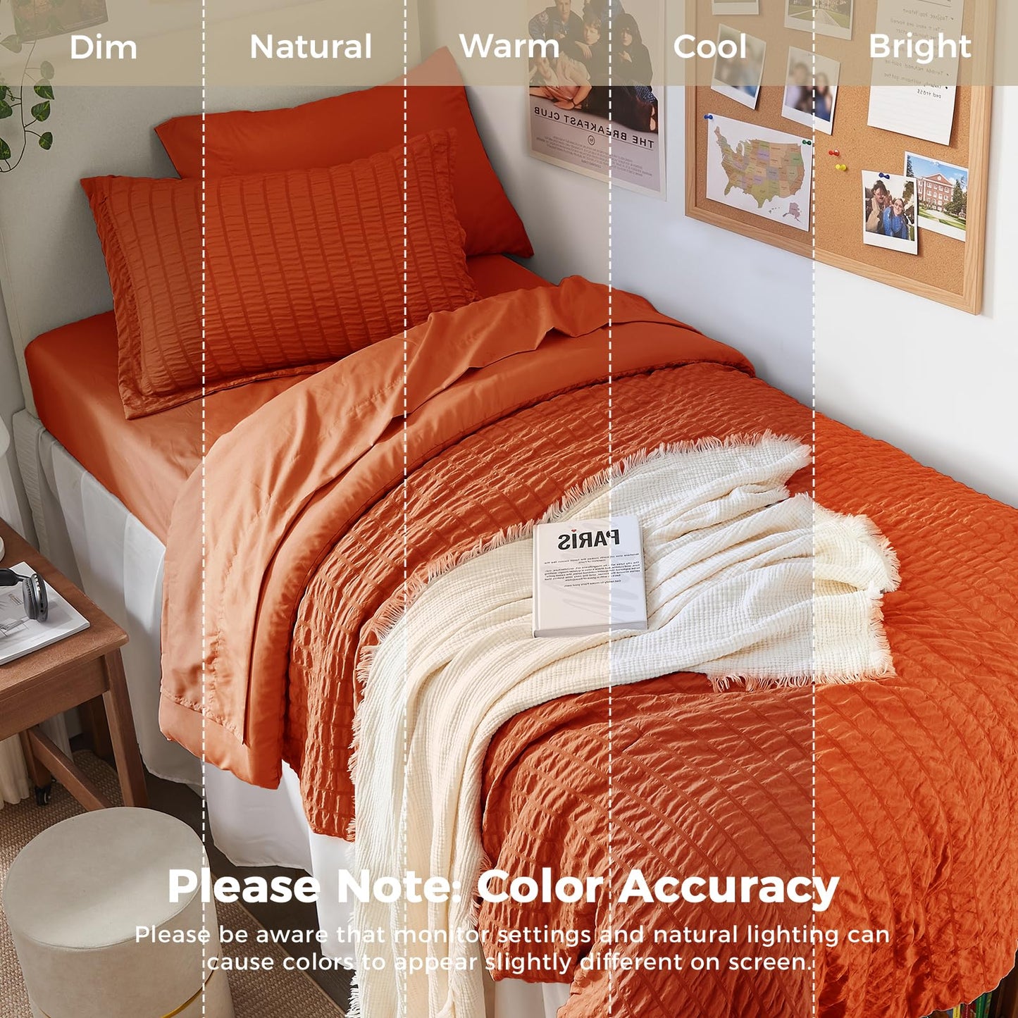 HYMOKEGE Burnt Orange Twin Comforter Set Seersucker 5 Pieces, All Season Luxury Bed in a Bag for Bedroom, Bedding Set with Comforters, Sheets, Pillowcase & Sham