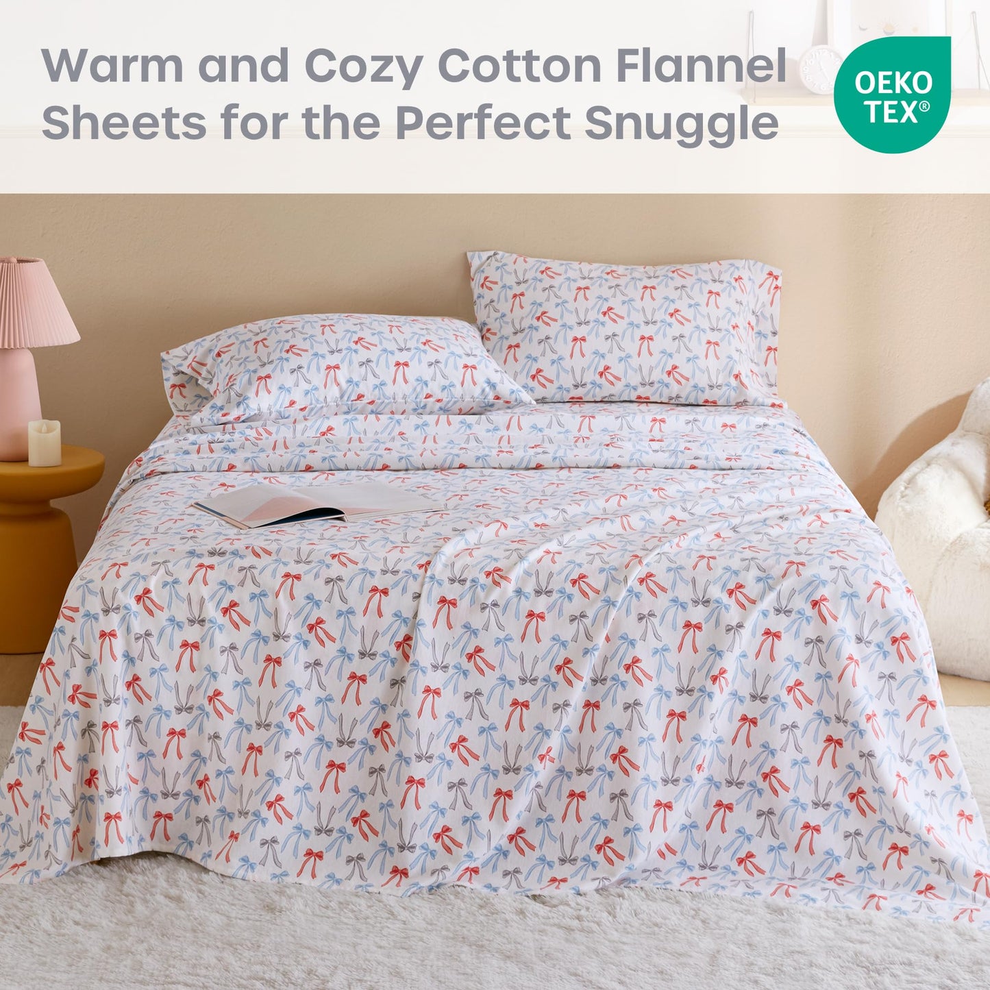 Intelligent Design Flannel Sheets Full, Cozy Soft 100% Cotton Flannel Bedding, Printed Warm Full Sheets Set, Ultra Soft Cold Weather Bed Sheet Set, Happy Bows, 4 Piece