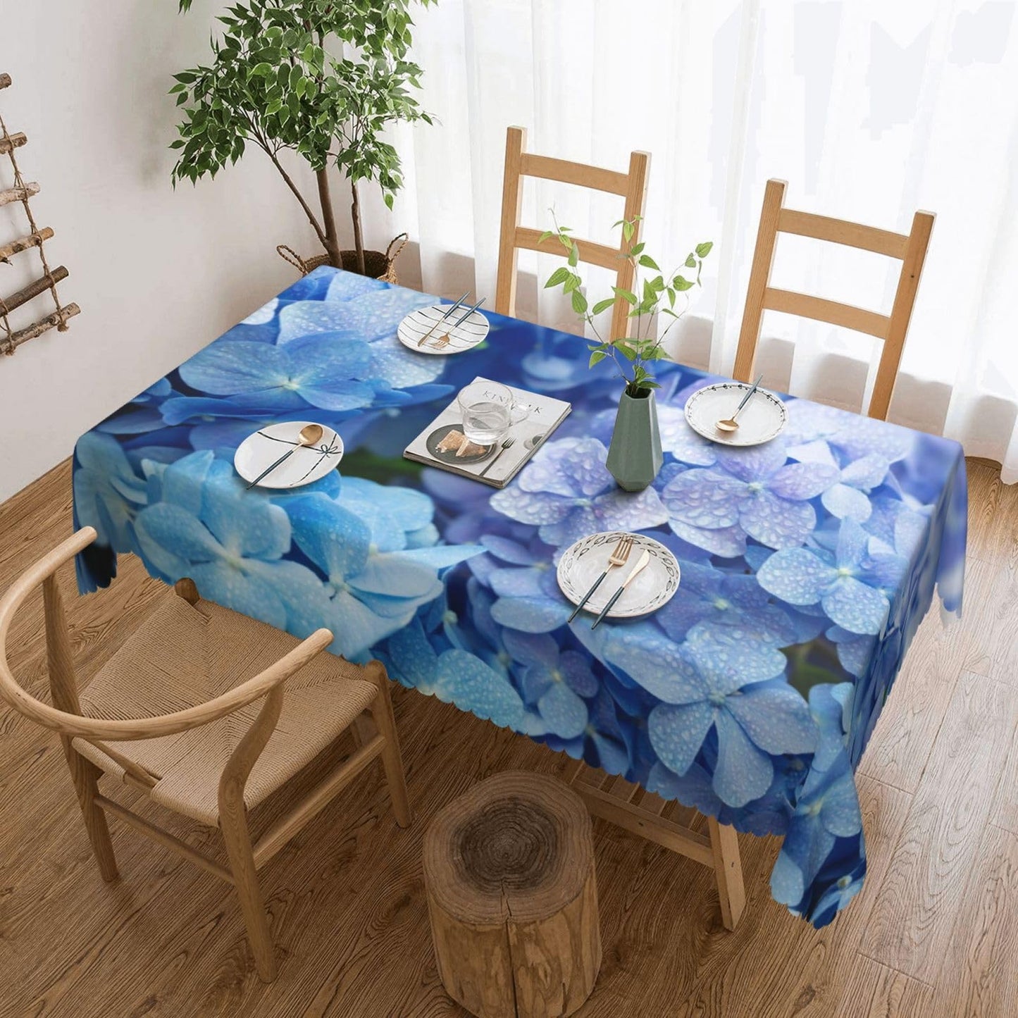 DRAVVIX Blue Hydrangea Flower Rectangular Tablecloth Floral Table Cloth with Wavy Lace Decoration Polyester Table Cover for Dining, Parties 54x72 inch