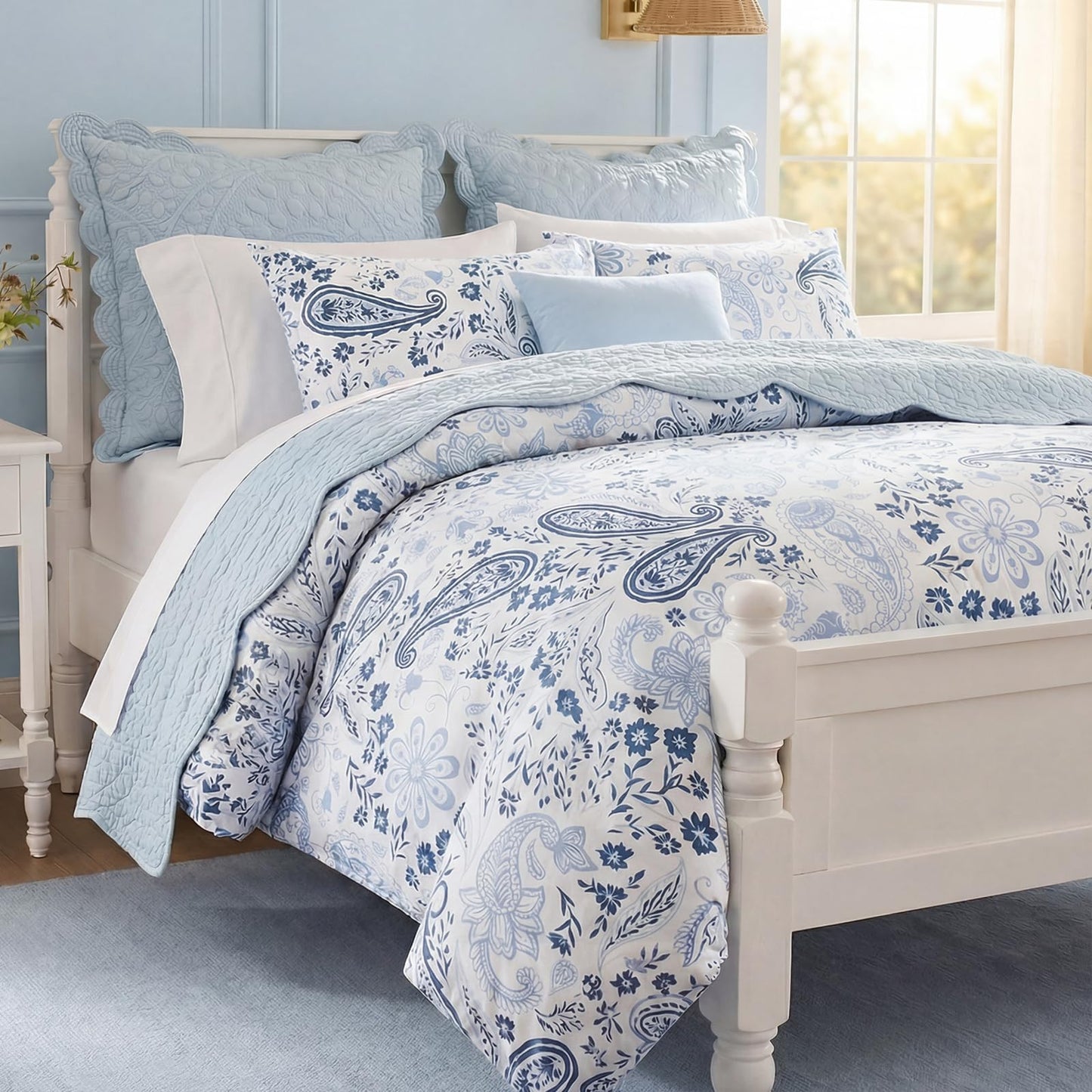Bedorm 100% Cotton Duvet Cover Set Blue Paisley Bedding Set Vintage Paisley Floral Design Boho Chic Bedding 3 Pcs Soft, Breathable & Durable Duvet Cover with Zipper Closure