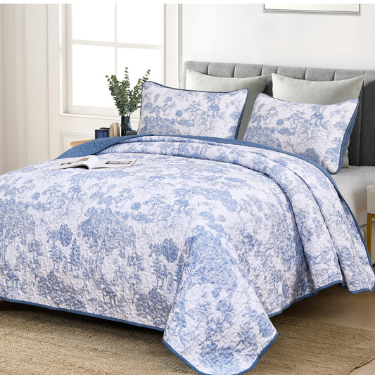 WONGS BEDDING Blue Quilt Set Queen Size, 3 Pieces Botanical Bedspreads Set Lightweight Microfiber Blue Toile Plants Pattern Coverlet Home Decor for All Seasons(96"×90")