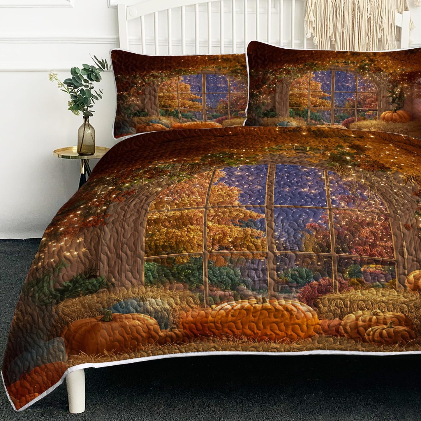 BlessLiving Fall Quilt Set King Size: Ultra Soft Microfiber Lightweight Shining Pumpkin Bedspreads Coverlets Quilt Bedding Set with 2 Pillow Shams for All Seasons