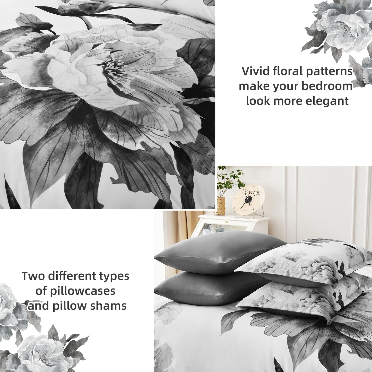 Dobuyly Grey Queen Comforter Set 7 Piece Bed in a Bag, Gray Floral Printed on White Comforter Set with Sheets, Soft Microfiber Botanical Farmhouse Bedding Set for All Season