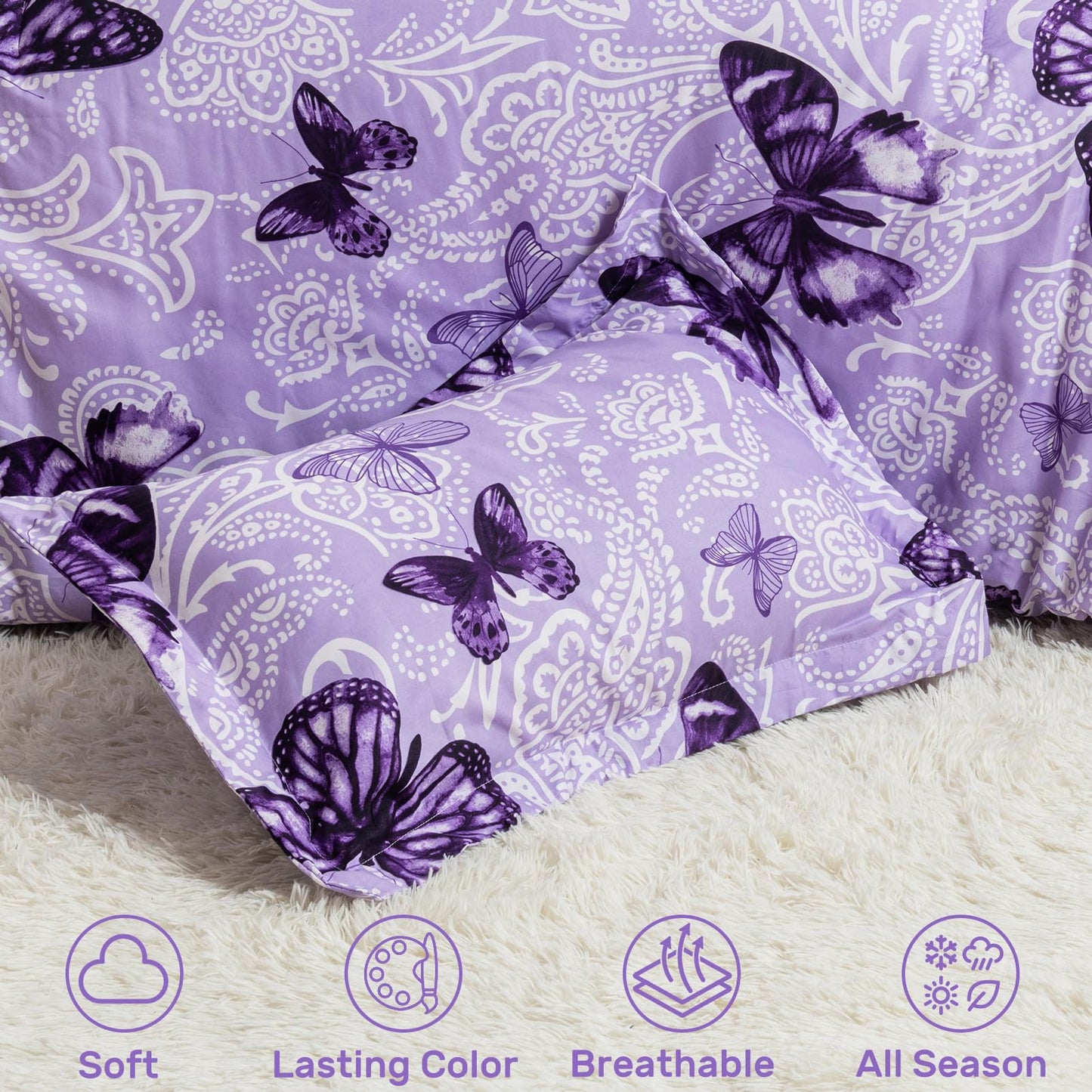 ARTALL Bed in A Bag Twin Size 5 Pieces, Purple Paisley Butterfly Bedding Comforter Set All Season Bed Set with 1 Comforter, 1 Pillow Sham, 1 Flat Sheet, 1 Fitted Sheet, 1 Pillowcase