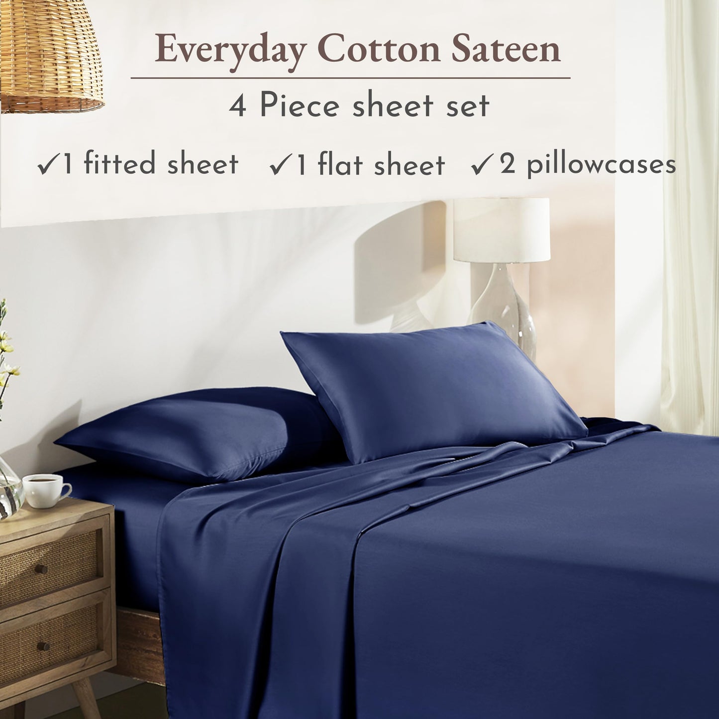 California Design Den Queen Sheet Set - Natural 100% Cotton Sheets Queen Size Bed Set with Deep Pockets, Soft Sateen Weave, Breathable and Durable Bedding (Navy Blue)