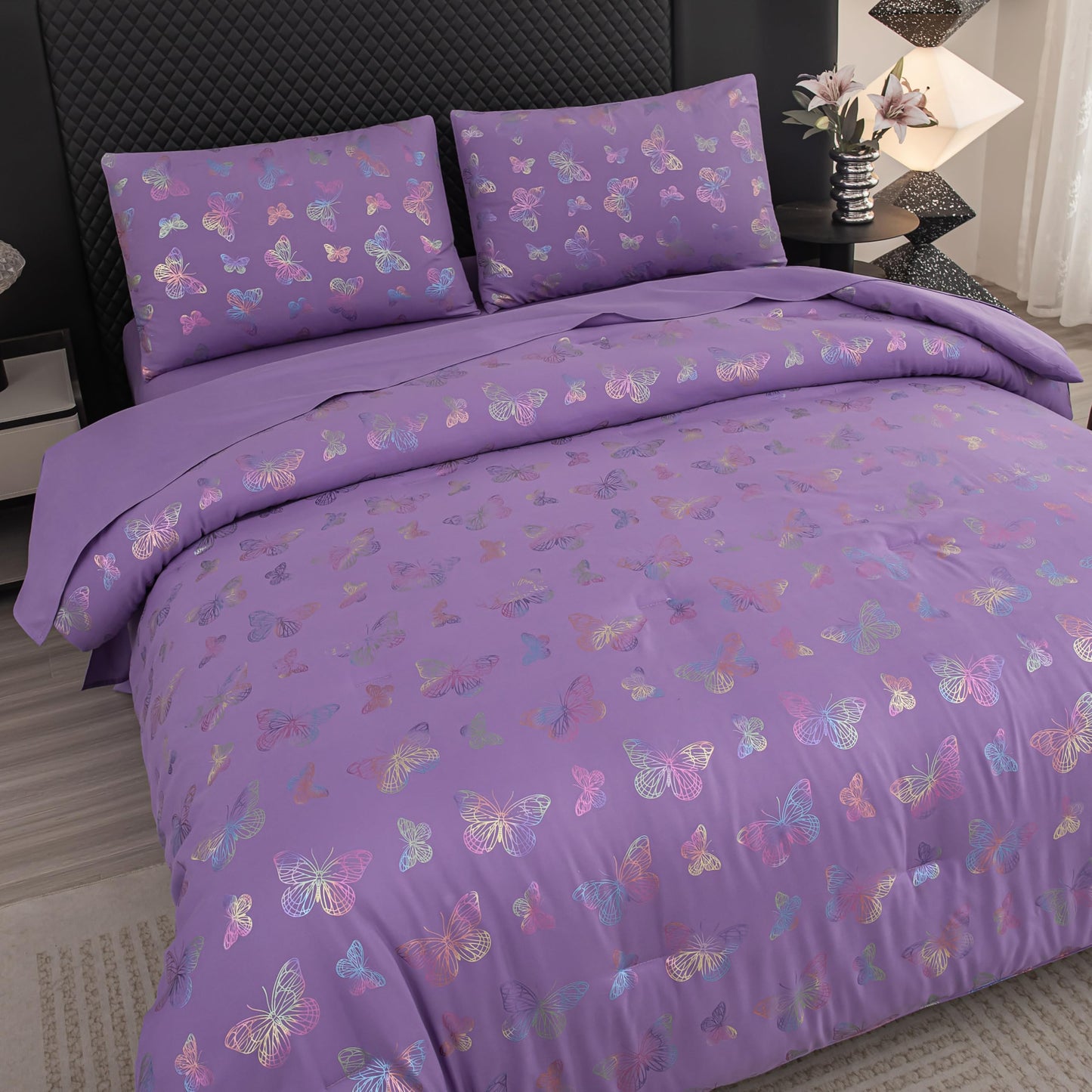 Yadangxiawa Butterfly Comforter Set Twin,Purple Bedding Twin,Purple Comforter Set,Girls Bedroom Comforter Sets(Purples,5PCS)