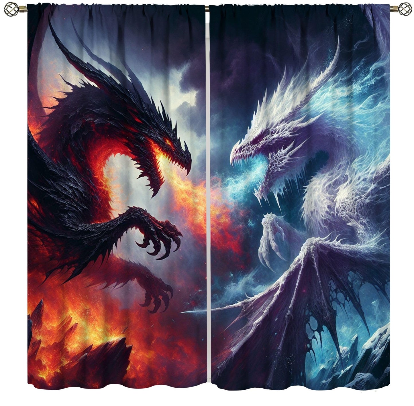 Dragon Blackout Curtains, Fire and Ice Fantasy Blue Red Dragon Home Decor for Boys Girls Teen Bedroom Living Room Kitchen Window Treatment 2 Panels Set Total Size 42" W X 63" L Inch