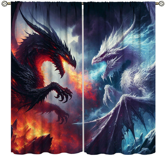 Dragon Blackout Curtains, Fire and Ice Fantasy Blue Red Dragon Home Decor for Boys Girls Teen Bedroom Living Room Kitchen Window Treatment 2 Panels Set Total Size 42" W X 63" L Inch