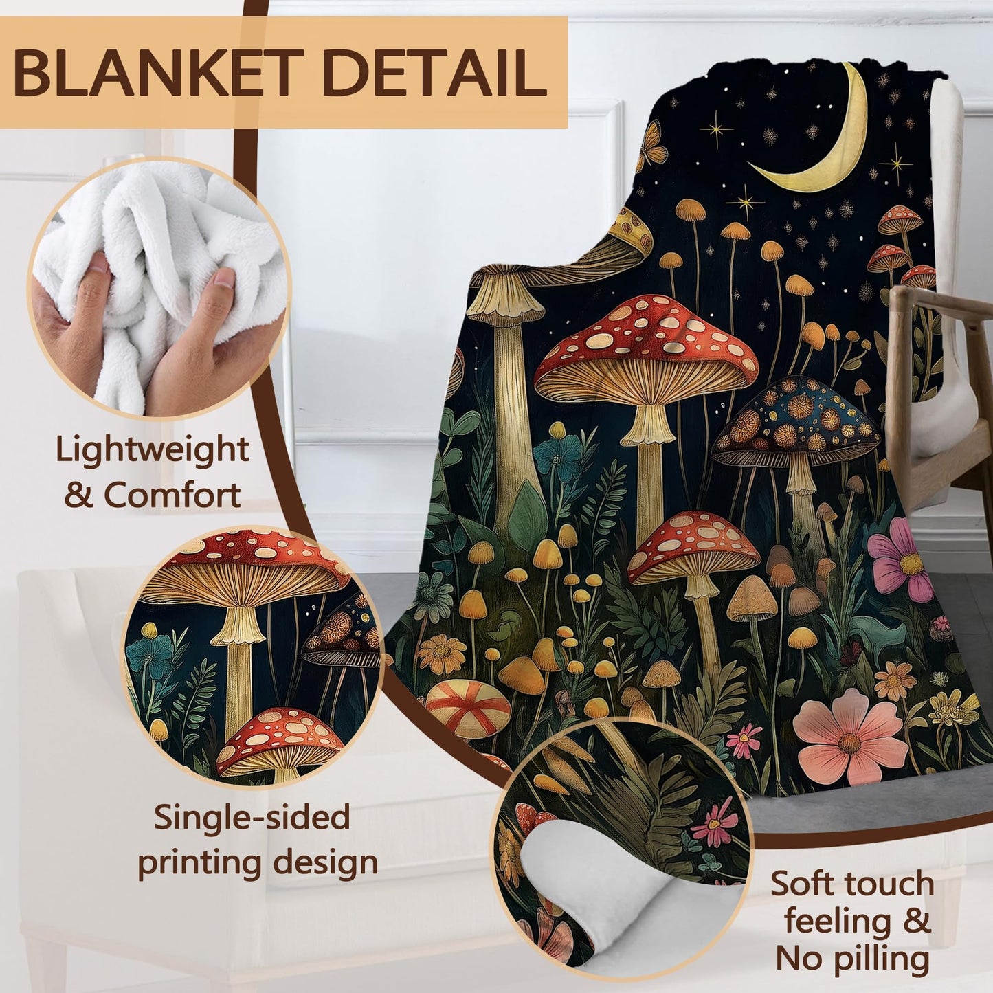 Forest Mushroom Sofa Throw Blankets,Wildflower Butterfly Soft Cozy Fuzzy Lightweight Travel Blanket,Flannel Fleece Fall Throw Blanket for Couch,Bed,Camping,Movie Nights,Watching TV 50 X 60 Inch