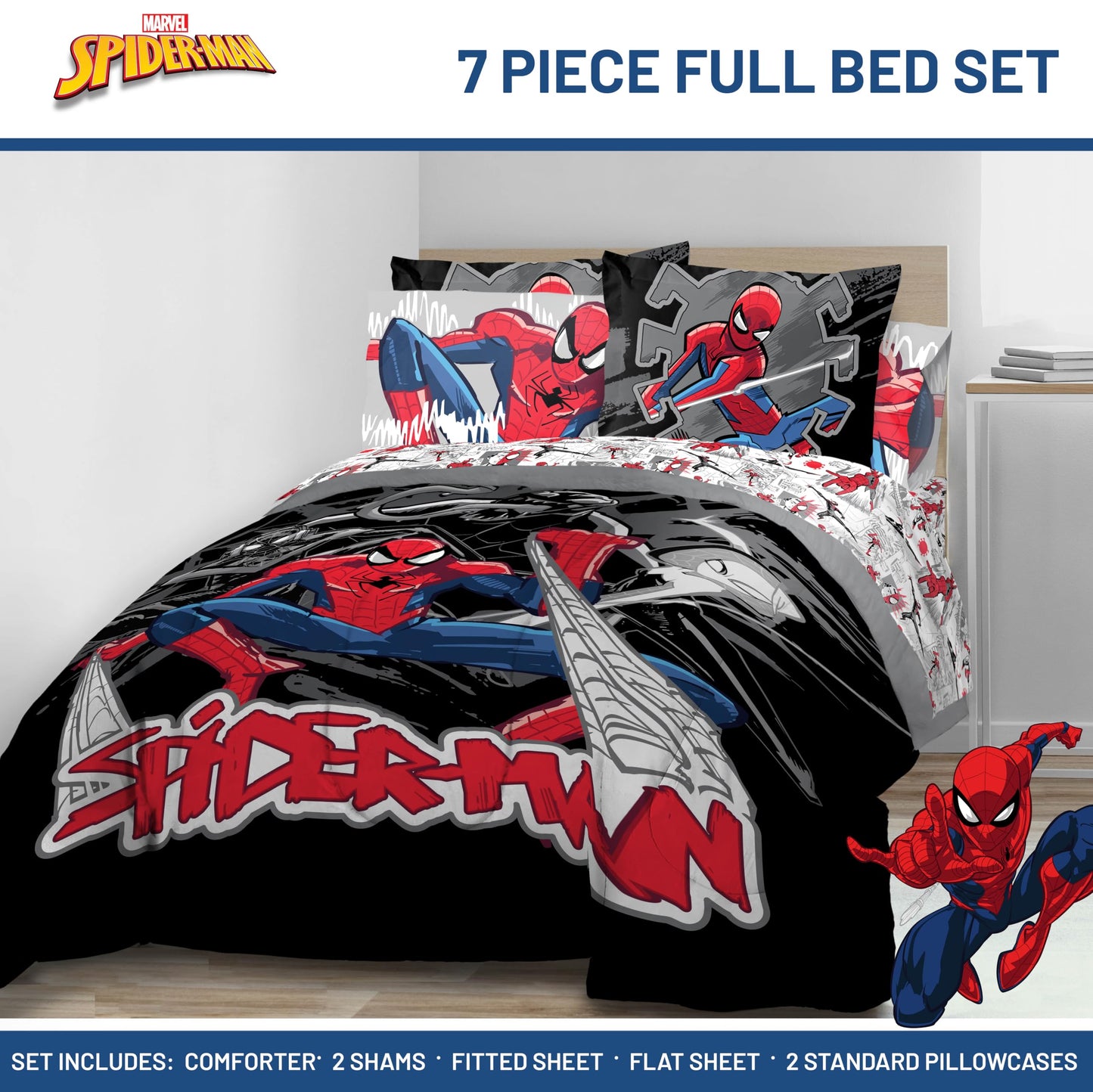 Jay Franco Kids Bed Set, Black, Spiderman, 7 Piece Full