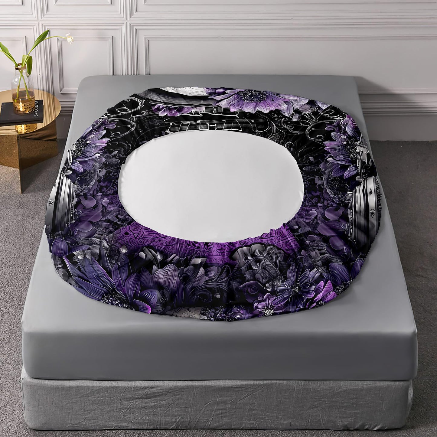 AILONEN Girls Floral Skull Fitted Sheet Set Queen Size,3-Piece Music Themed Skeleton Bedding Set,Gothic Purple Flower Skull Printed Deep Pocket Sheets with 2 Pillowcases