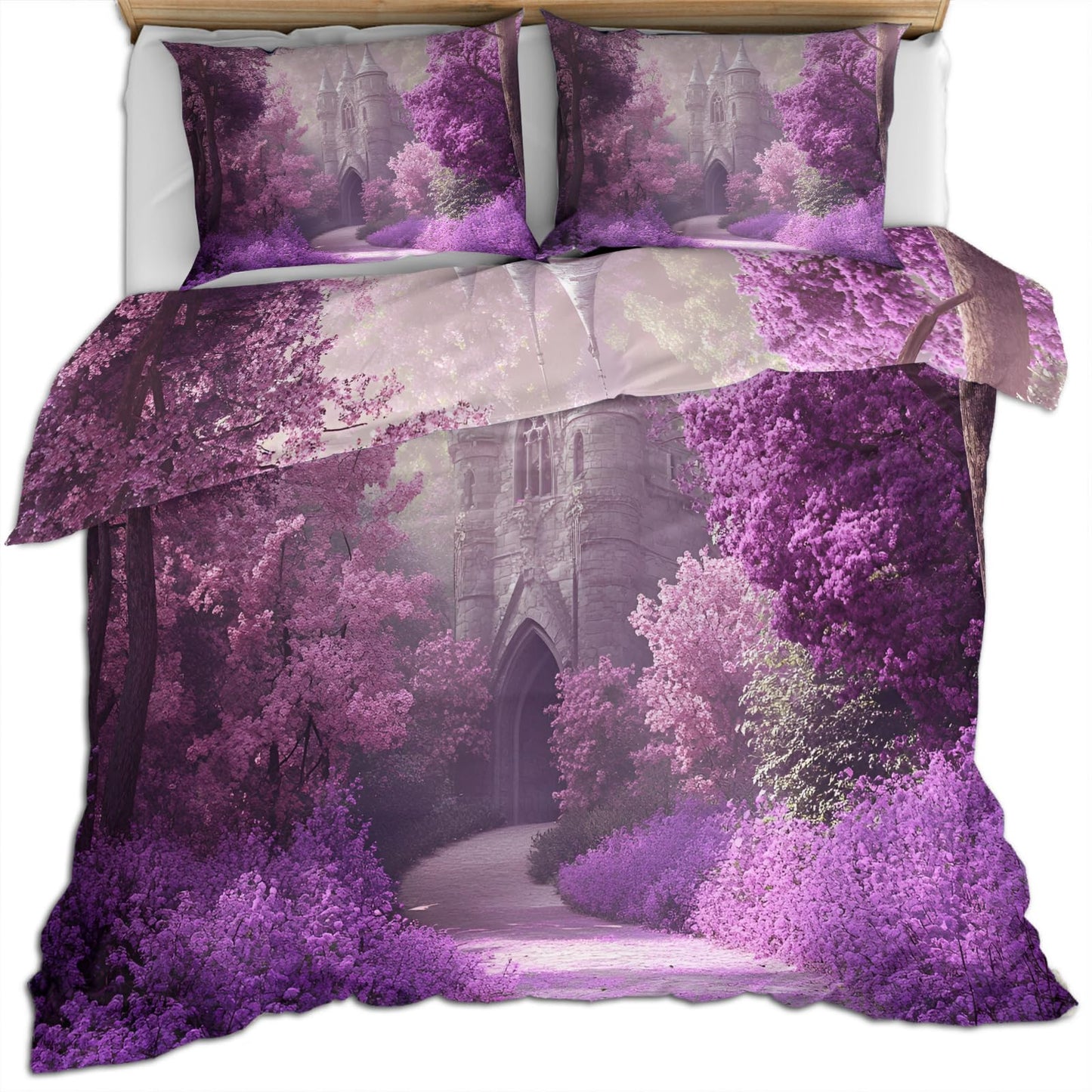 PAISUOQ Girl Duvet Cover, Fantasy Castle Bedding & Duvet Cover King, Mysterious Purple Comforter Set with Zipper, 3 Pieces with 2 Pillowcases, Bedroom Decor & Gifts