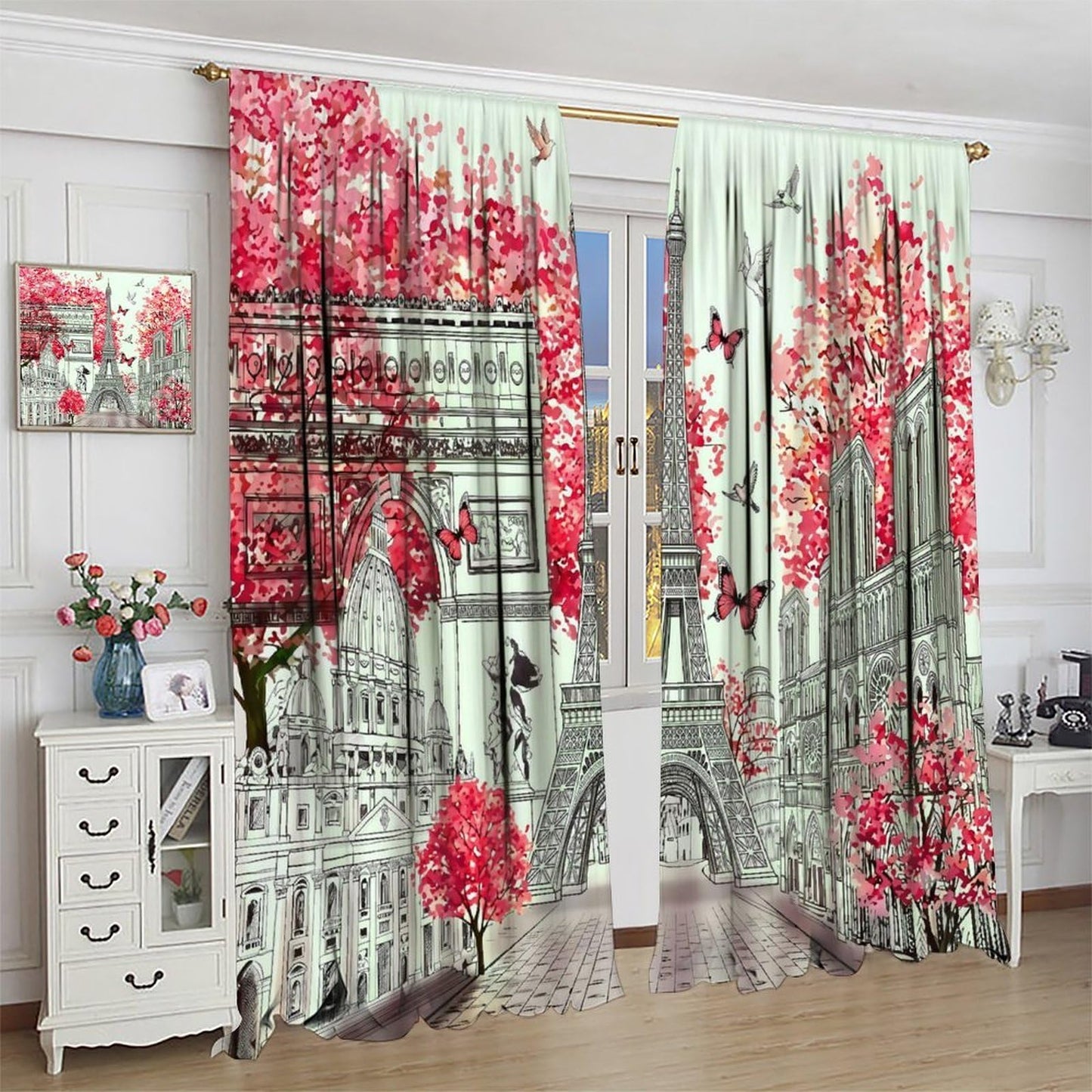 TYVGICZ Red Paris Modern Curtains, Landscape Architecture City Scenery Eiffel Tower Landmark Famous Romantic Window Treatments for Girls Woman Bedroom Living Room Kitchen Bathroom 2 Panels,42x45 Inch