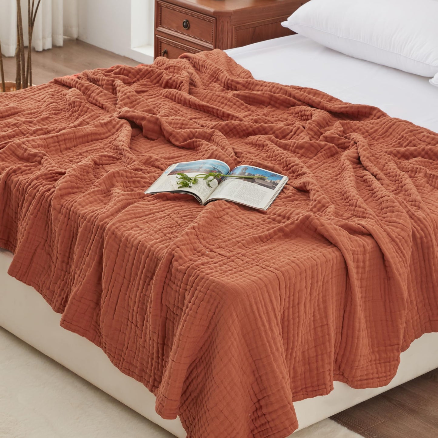 Love's cabin 100% Cotton Muslin Blanket, 6 Layer Lightweight Breathable Gauze King Size Blanket 108 x 90 Inches, Soft Summer Blanket for Bed, Orange
