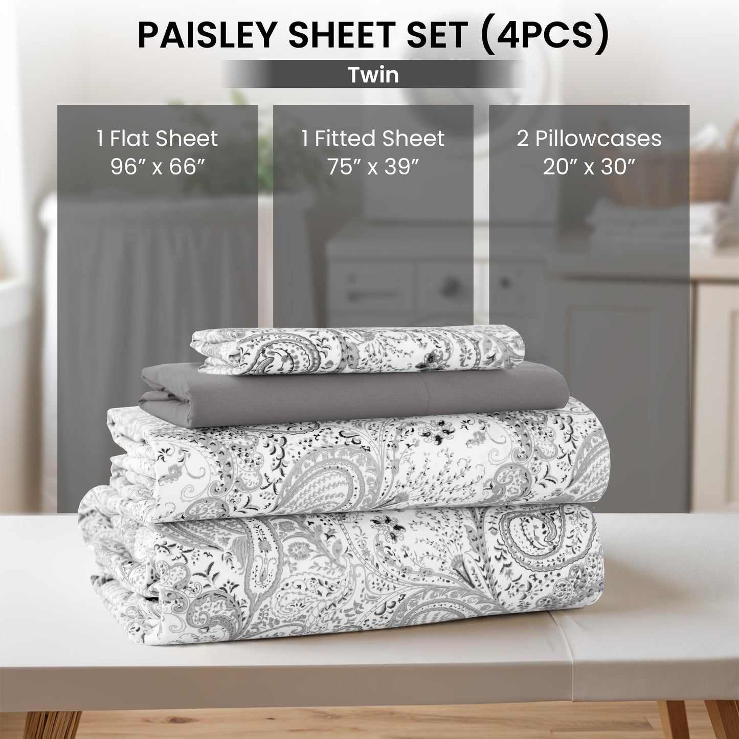 Ultra Soft Wrinkle-Free Microfiber Paisley Twin Sheet Set, Cute Floral Pattern Boho Print – 16" Deep Pocket Fitted Sheet, Flat Sheet & 2 Pillowcases, Breathable, OEKO-TEX - White/Grey