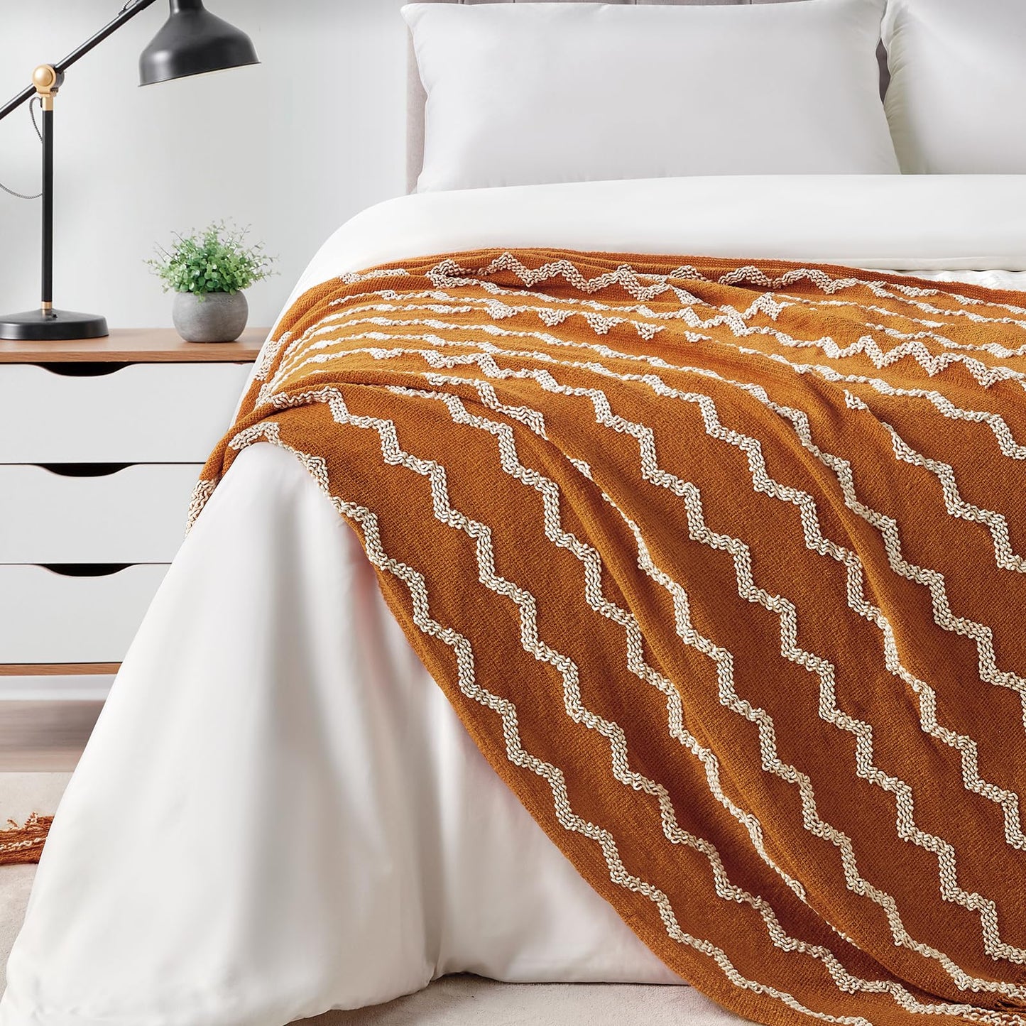BOURINA Fluffy Chenille Knitted Fringe Throw Blanket Lightweight Soft Cozy for Bed Sofa Chair Throw Blankets, Orange 50" x 60"