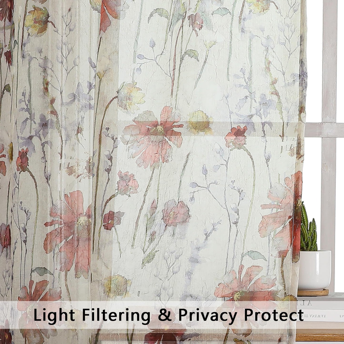 OWENIE Crushed Sheer Curtains 84 Inches Long 2 Panels Set, Sheer Floral Curtains Printed Drapes on Sheers for Living Room Bedroom, Rod Pocket Light Filtering Window Sheers (2 Panels, 51" x 84")