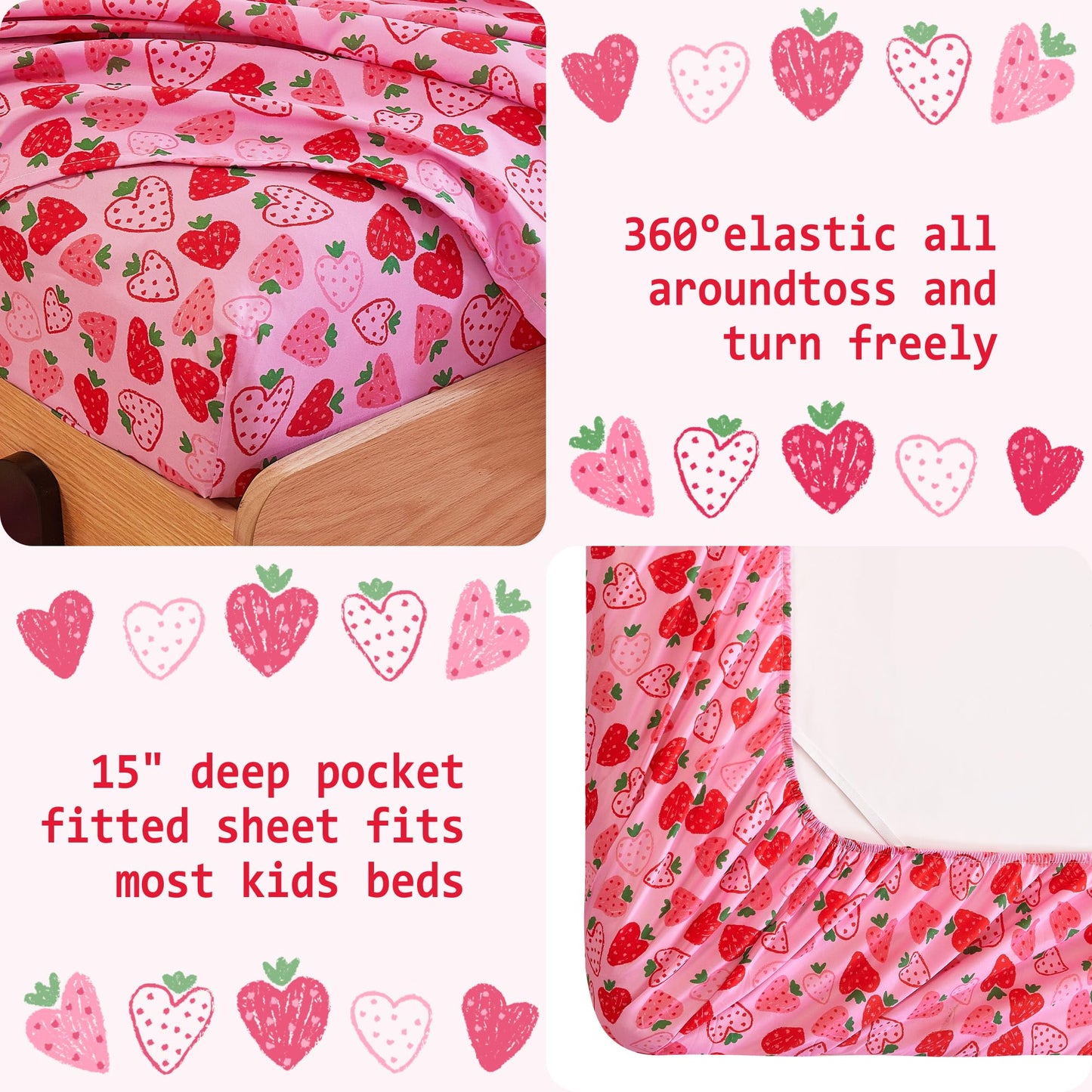 Softan Kids Bed Sheet Set, 3-Piece Twin Sheets Set, Microfiber Fitted Sheet with Corner Straps, Breathable & Silky Soft Pink Heart Strawberry Pattern Sheet and Pillowcase Sets