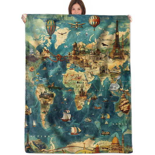 RQTWC World Map Adventure Throw Blanket Gifts for Boys Girls Kids Adults, Vintage Explorer Theme Flannel Blankets for Travel Sofa Living Room Decor 50"X60"