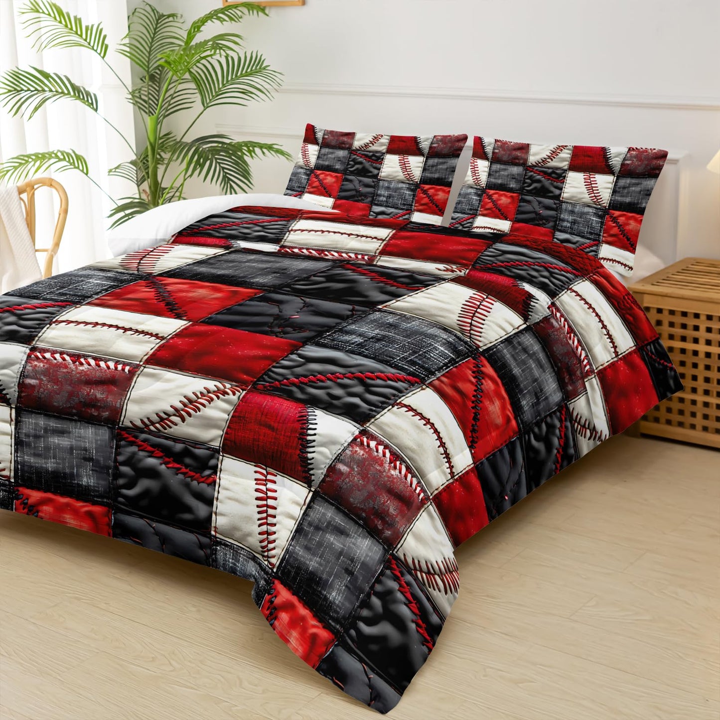 lneffble Red and Black Plaid Comforter Set Twin，Baseball Bedding Set Twin Red and Black，Sport Quilt for Boys，with 1 Comforter with 2 Pillow Case