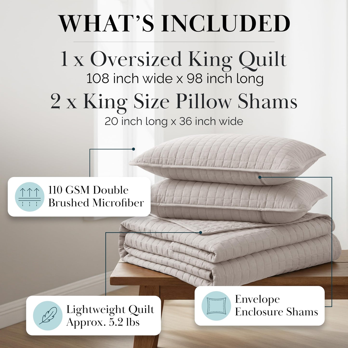 Southshore Fine Living, Inc. King Quilt Bedding Set, Quilted Coverlet Bed Spread for California Kings, Luxury Bedding King Size Quilt Bedding Set, Lightweight Quilted Bedspread w/Shams, Natural Beige