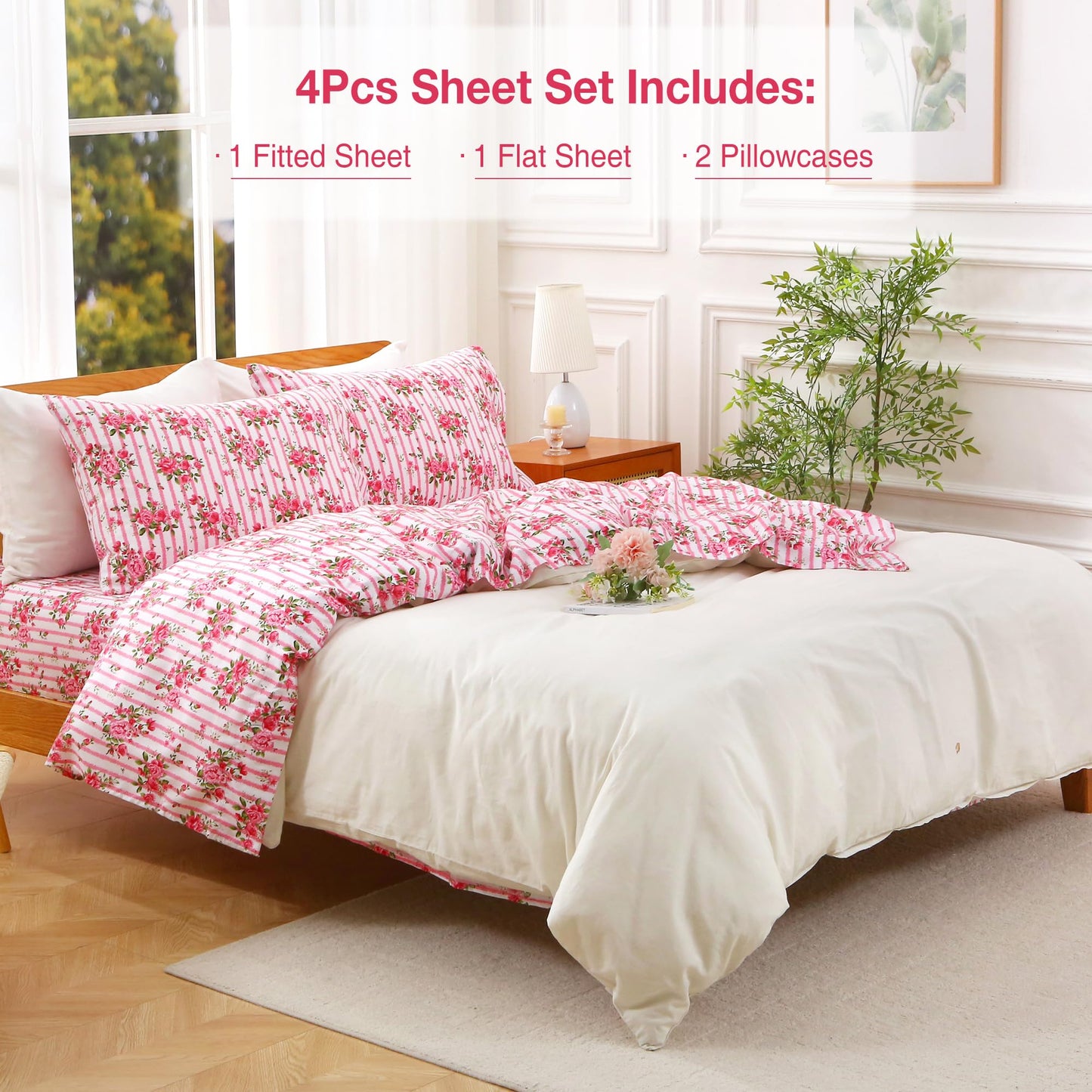 Viviland Queen Bed Sheet Set - 4 Piece Double Brushed Microfiber Bedding - Deep Pocket Up to 15", Ultra Soft, Breathable & Wrinkle Resistant Skin-Friendly Cooling Sheets for Adult - Heritage Rose(Q)