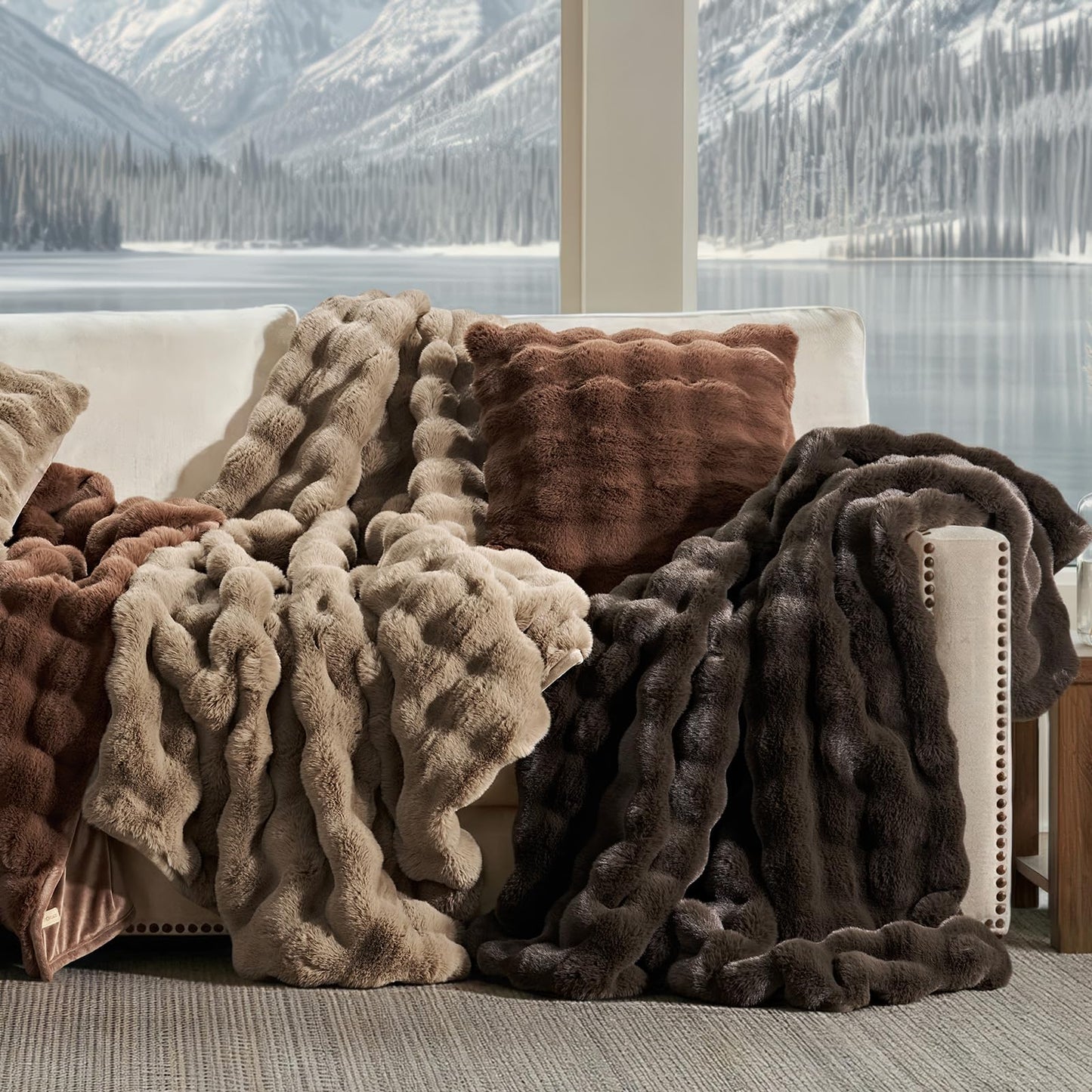 EverGrace Ultra Soft Luxury Fluffy Faux Rabbit Fur Throw Blanket, Thick Warm Bubble Throw for Bed, Cozy Plush Reversible Blankets for Couch, Chair, Sofa, Greige, 60x80 Inches