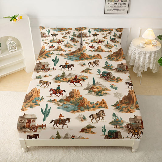 QOOMO Western Kids Bed Sheets Twin Size,Wild Vintage Cowboy Print Bedding Sheet Set,4Pcs West Horse Cactus Deep Pocket Bed Sets with 1 Fitted Sheet 1 Flat Sheet 2 Pillowcases for Boys Girls Teens