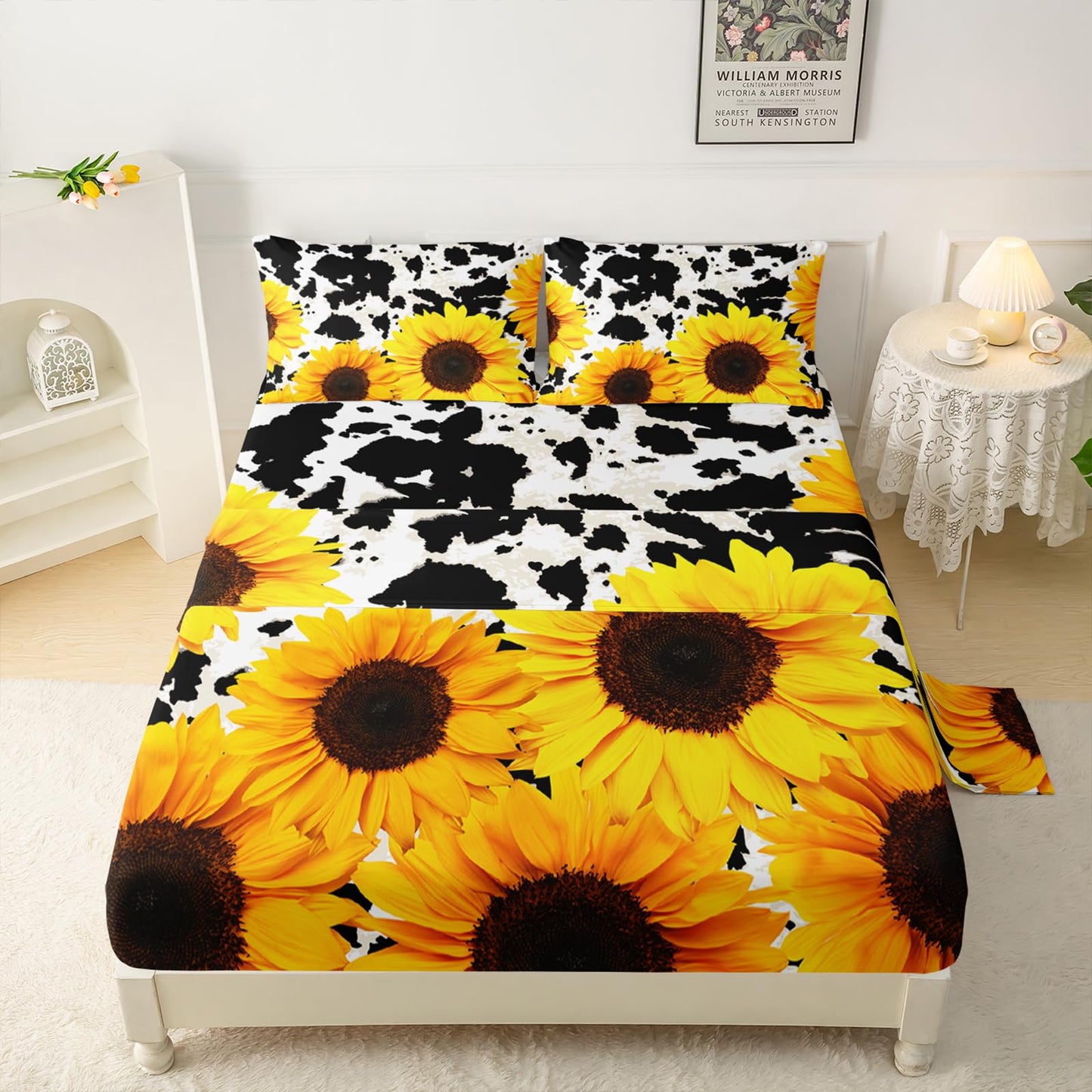 QOOMO Sunflower Sheets Queen Size Cow Print Bedding for Boys and Girls Animal Super Soft Kids Bedding Set Breathable Room Decoration 1 Fitted Sheet, 1 Flat Sheet, 2 Pillow Cases