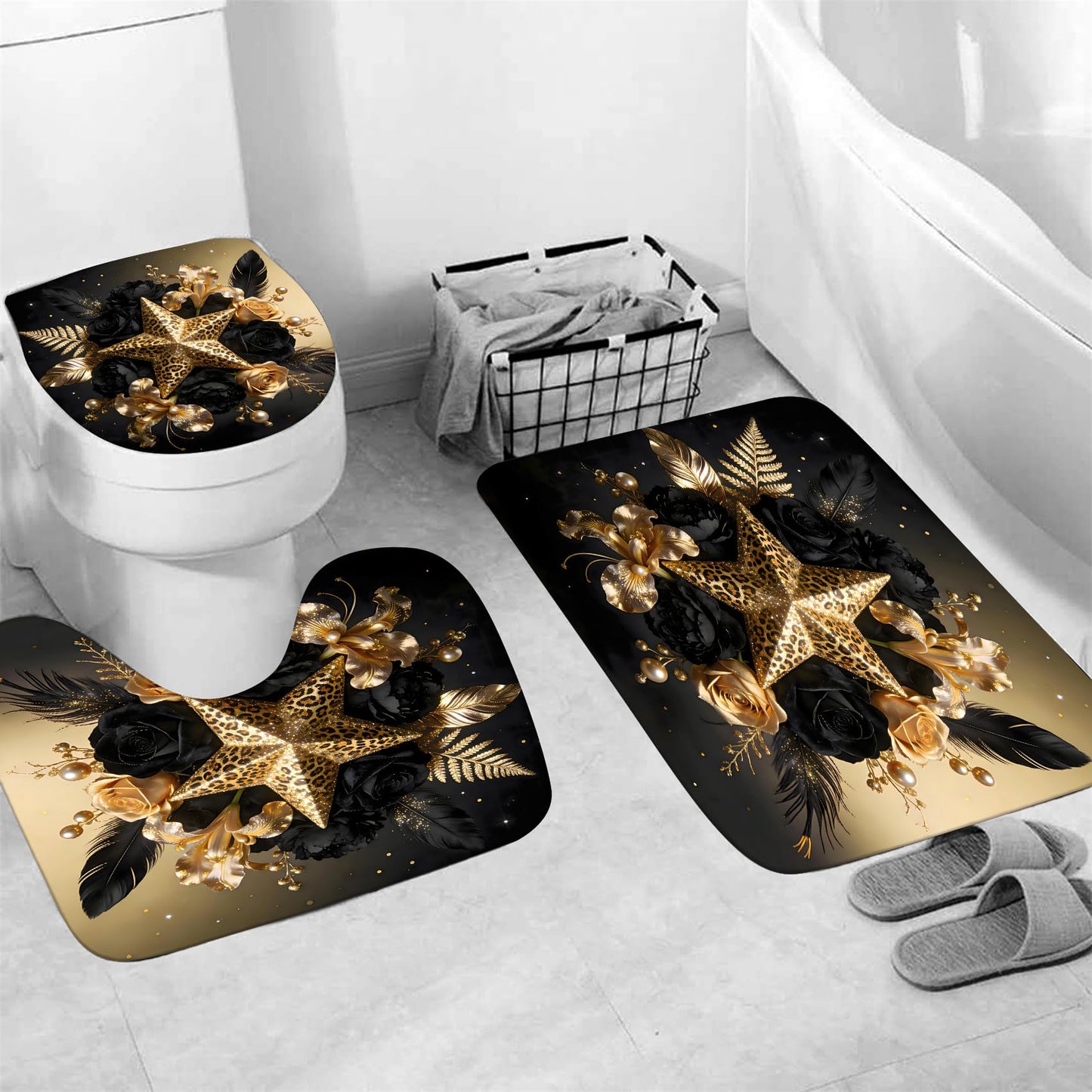 Black and Gold Shower Curtain Sets with Rugs, Luxury Leopard Star Floral Bathroom Decor, 4 Piece African Animal Print Bath Set with Non-Slip Rug, Toilet Lid Cover and Bath Mat, Waterproof Fabric
