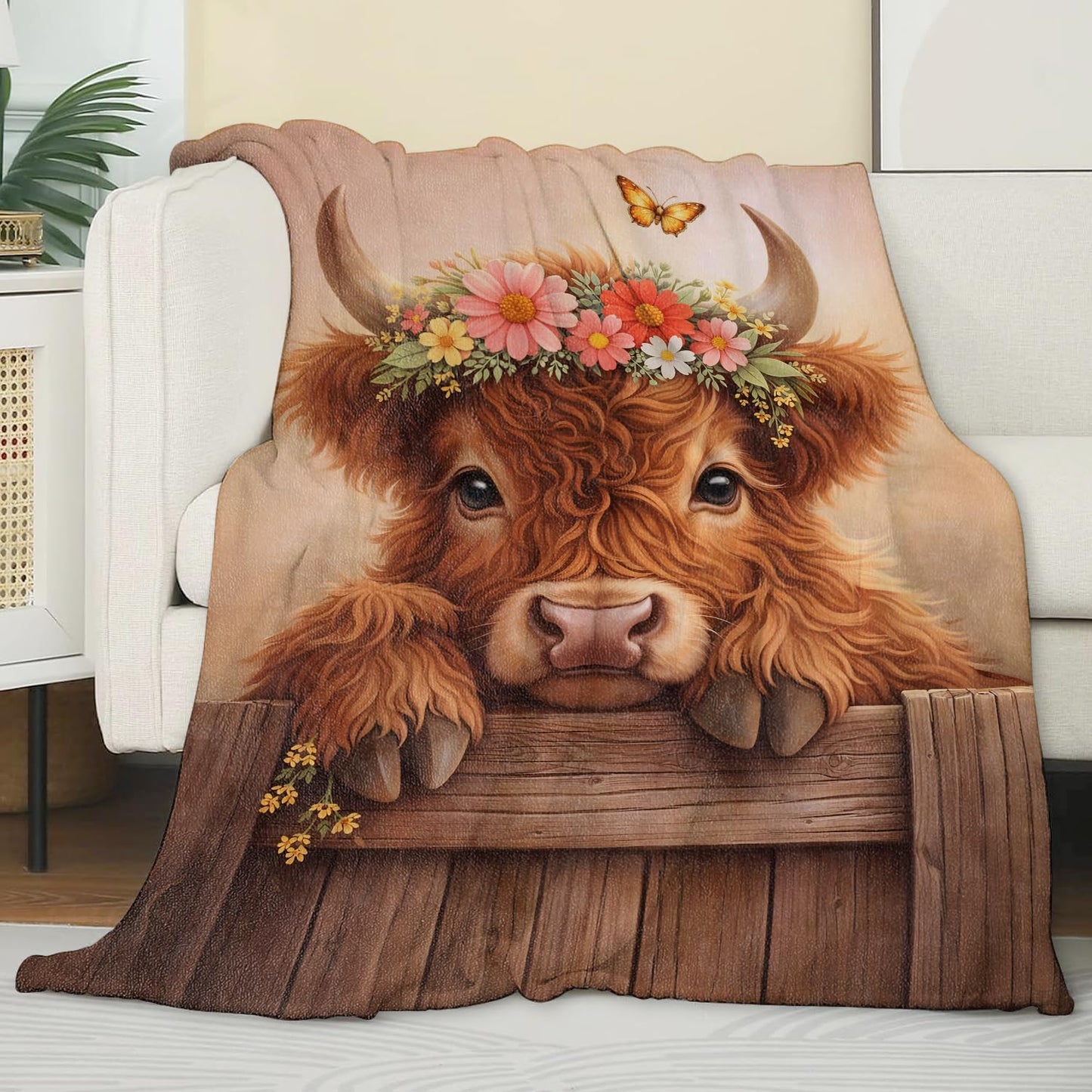 Zeleda Floral Highland Cow Flannel Blanket, Soft Cozy Throw with Flower and Farm Animal, Cute Home Bedroom Decor and Gifts for Women Girls Teens, Lightweight Blankets for All Seasons, 50x60 Inch