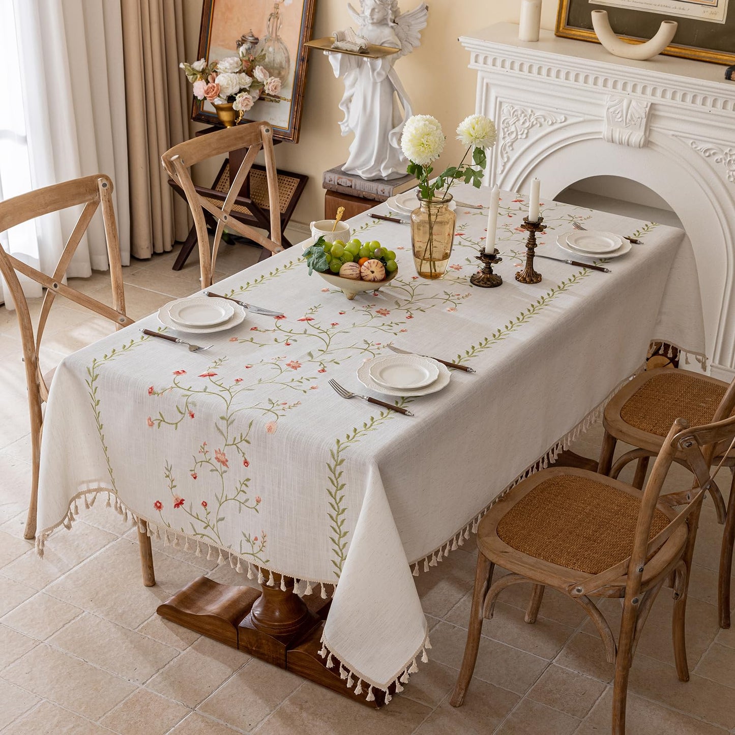 Joyfol Day Linen Spring Flowers Tablecloth with Tassels, Rustic Farmhouse Embroidery Waterproof Table Cloths for Rectangle Tables, Heavy Weight Spill-Proof Table Covers, Pink Florals, 55''x 70''