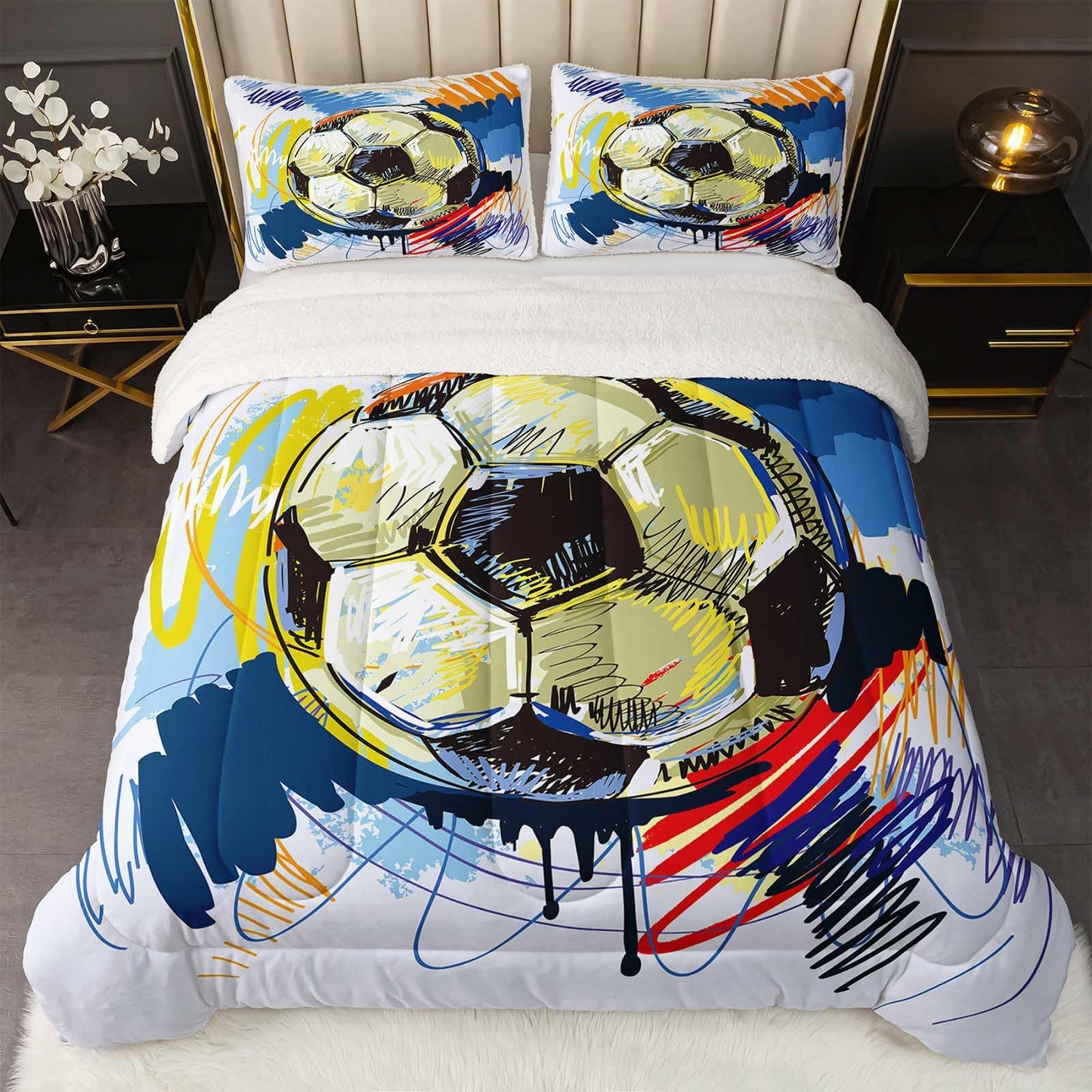 QOOMO Soccer Sherpa Fleece Comforter Set Boys Sports Bedding Set King Size for Kids Teens Hand Drawn Football Graffiti Style Design 3 Piece with 1 Comforter 2 Pillowcases