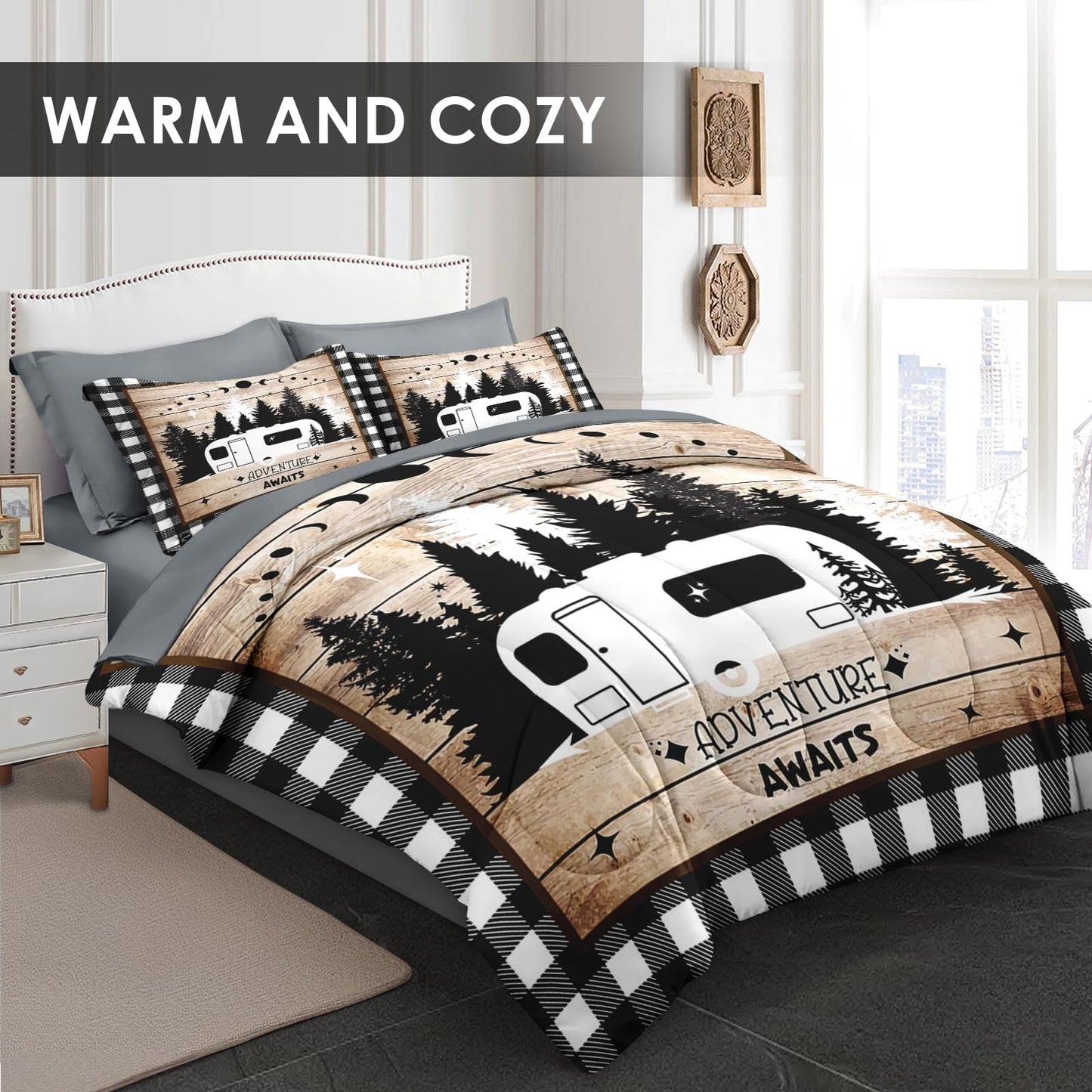 Pamnest Comforter Set Queen Size, Camper Rv Camping 7 Pcs Bedding for Kids and Adults, Car Bed Sheet Sets with Fitted Sheet 2 Pillowcases & 2 Shams for Bedroom Bed Decor